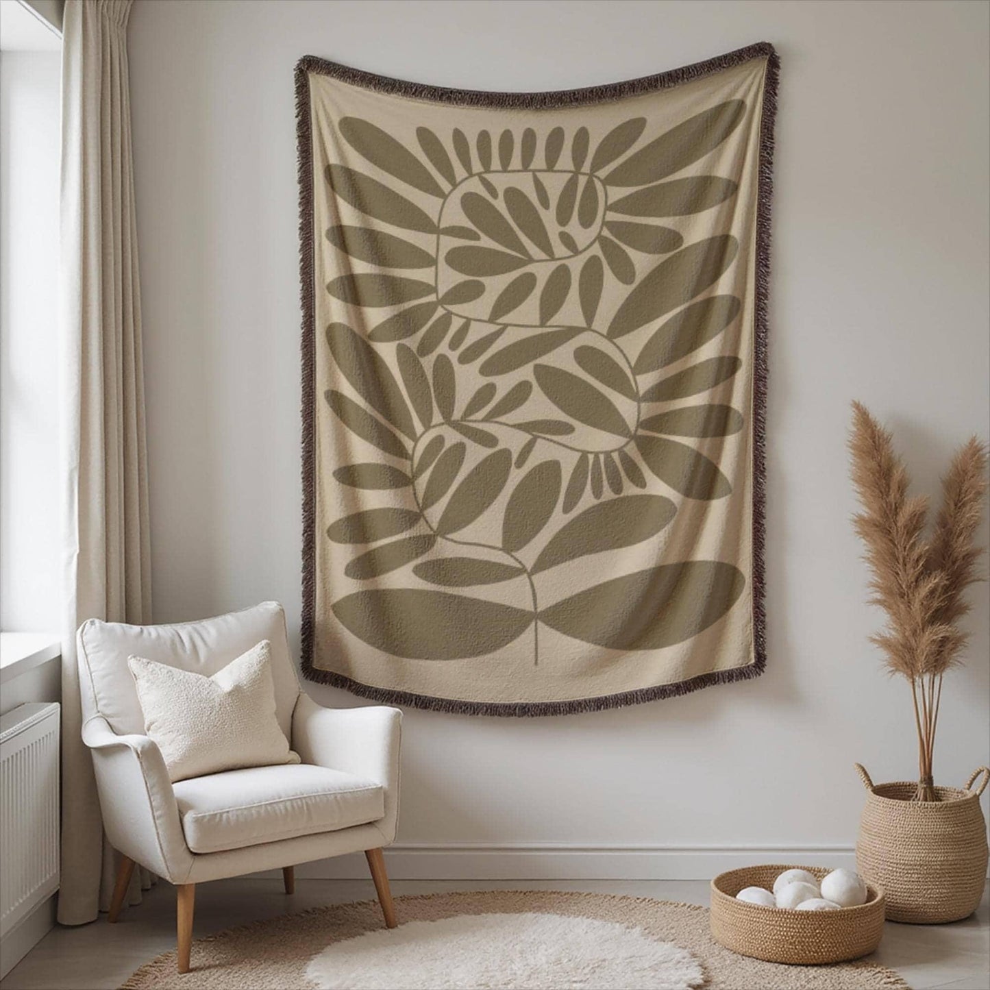 Woven Throw Blanket - Mid Century Throw With Scandi Leaves Pattern & Fringed Edge