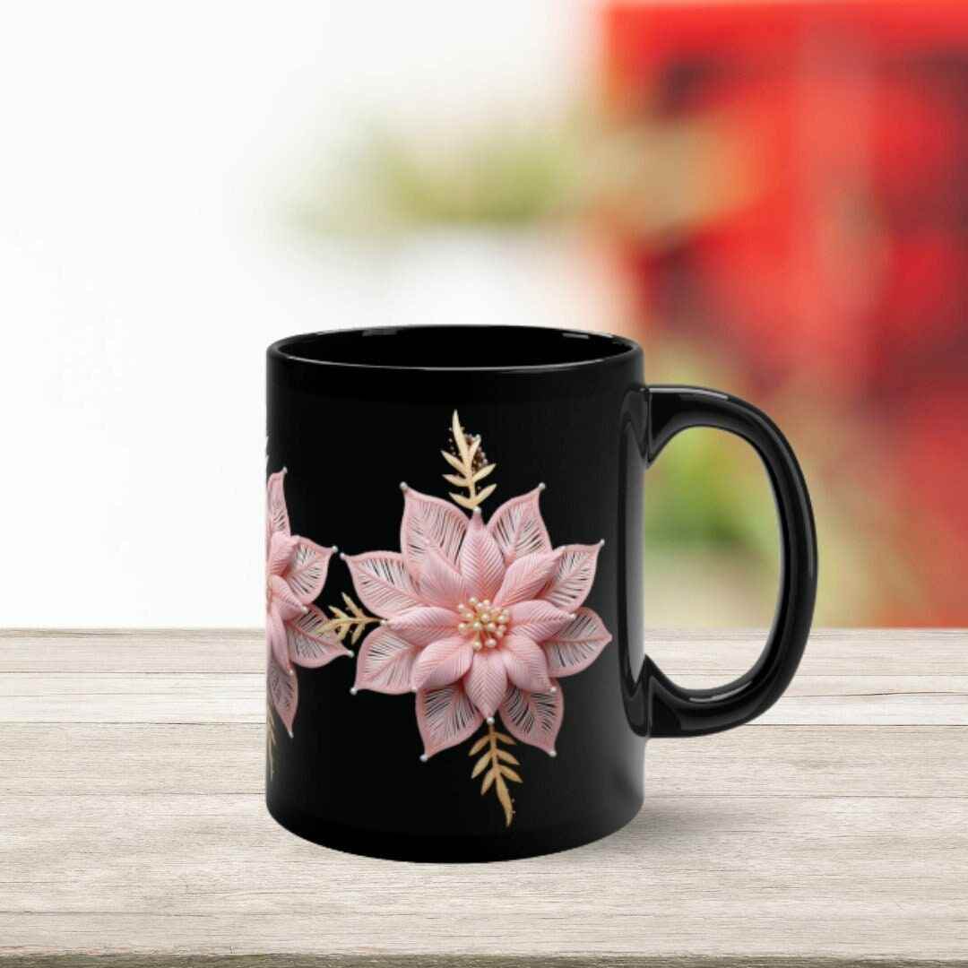 Holiday Ceramic Mug – Pink Poinsettia Glossy Finish Cup | Microwave Safe Gift - timelessbohochic.com