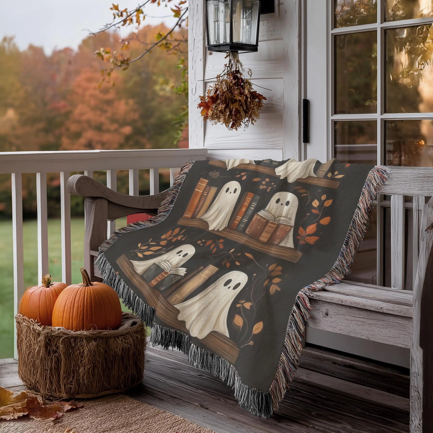 Halloween Woven Blanket – Ghosts on Bookshelf Cozy Sofa Throw with Colorful Fringed Edges