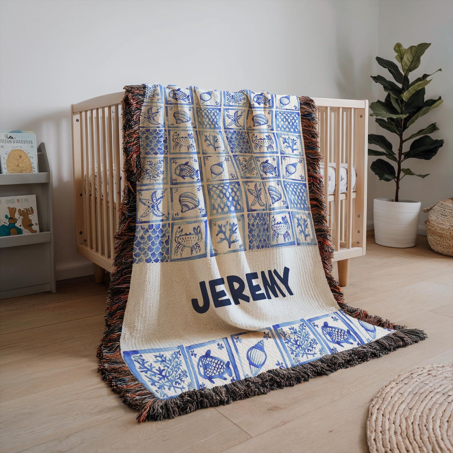 Woven Baby Blanket – Personalized Ocean Theme Patchwork Baby Shower Gift