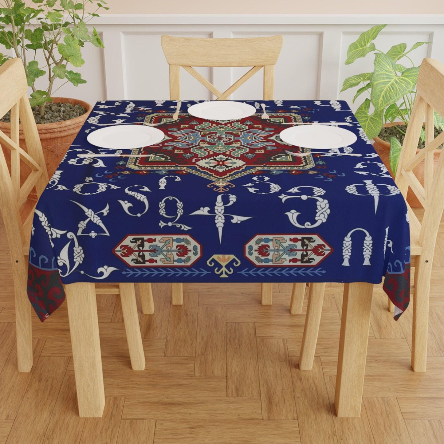 Armenian Art Tablecloth - Blue White Armenian Alphabet Cloth | Unique Ethnic Dining Decor