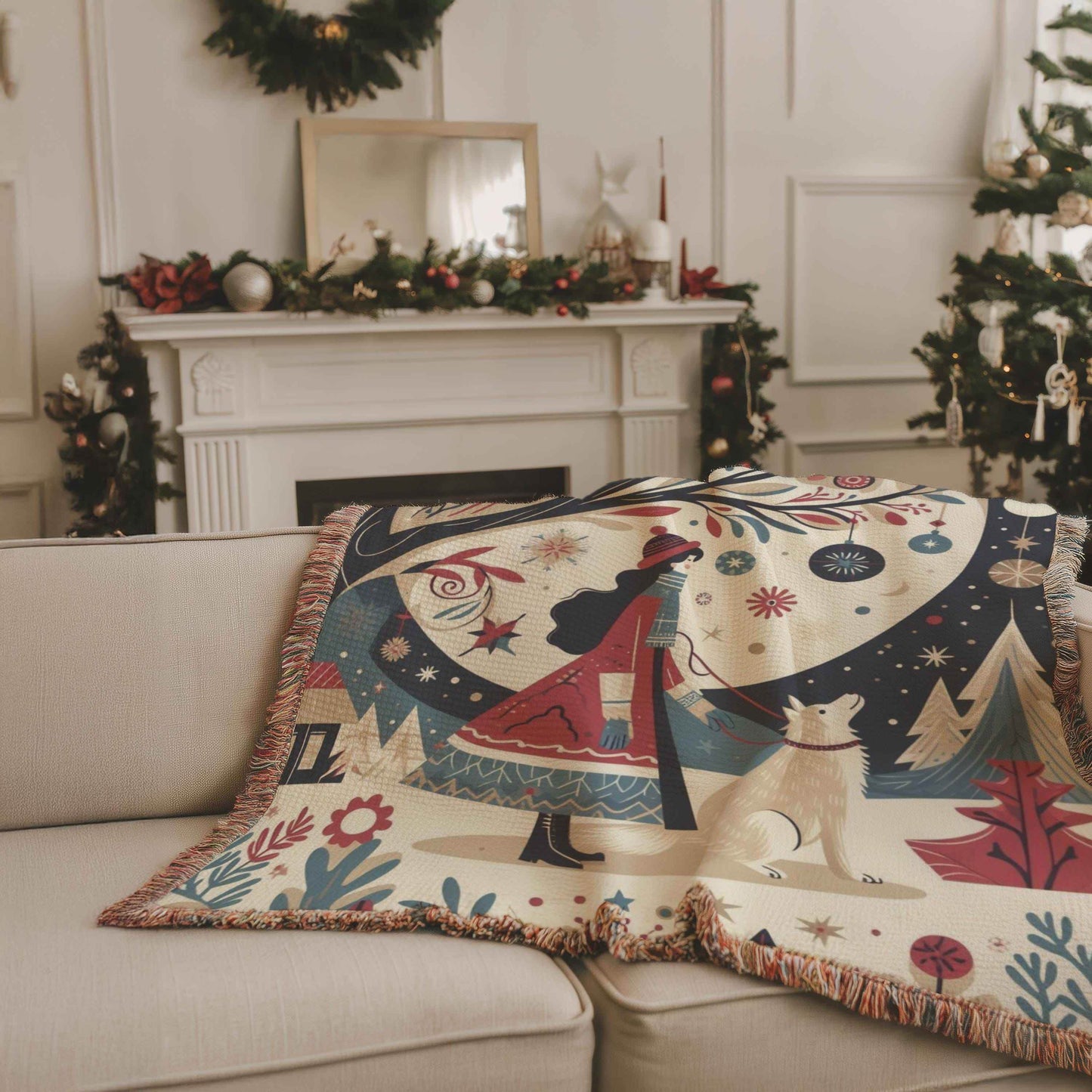Cozy Christmas Blanket - Woven Cotton Throw With Festive Village Design, Soft Fabric - timelessbohochic.com