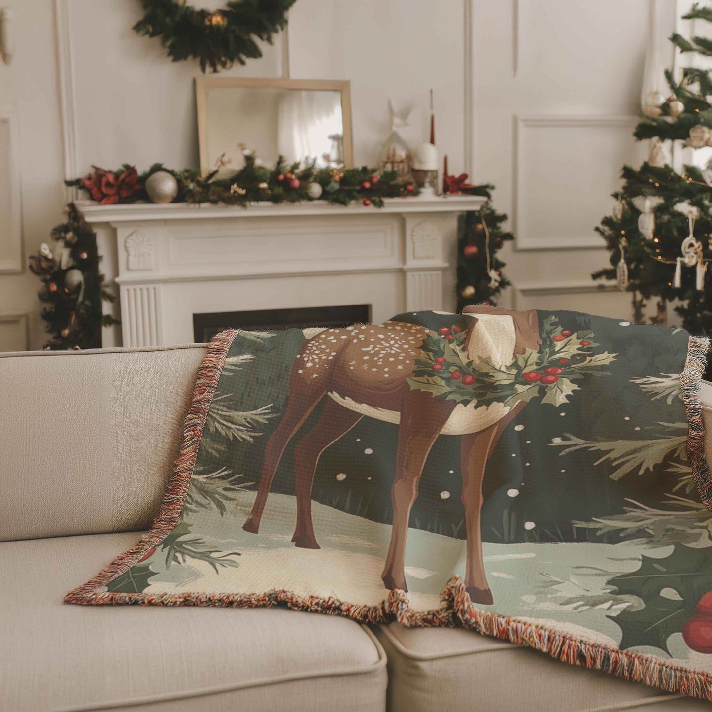 Christmas Woven Blanket – Cozy Cotton Throw With Festive Reindeer & Woodland Creatures - timelessbohochic.com