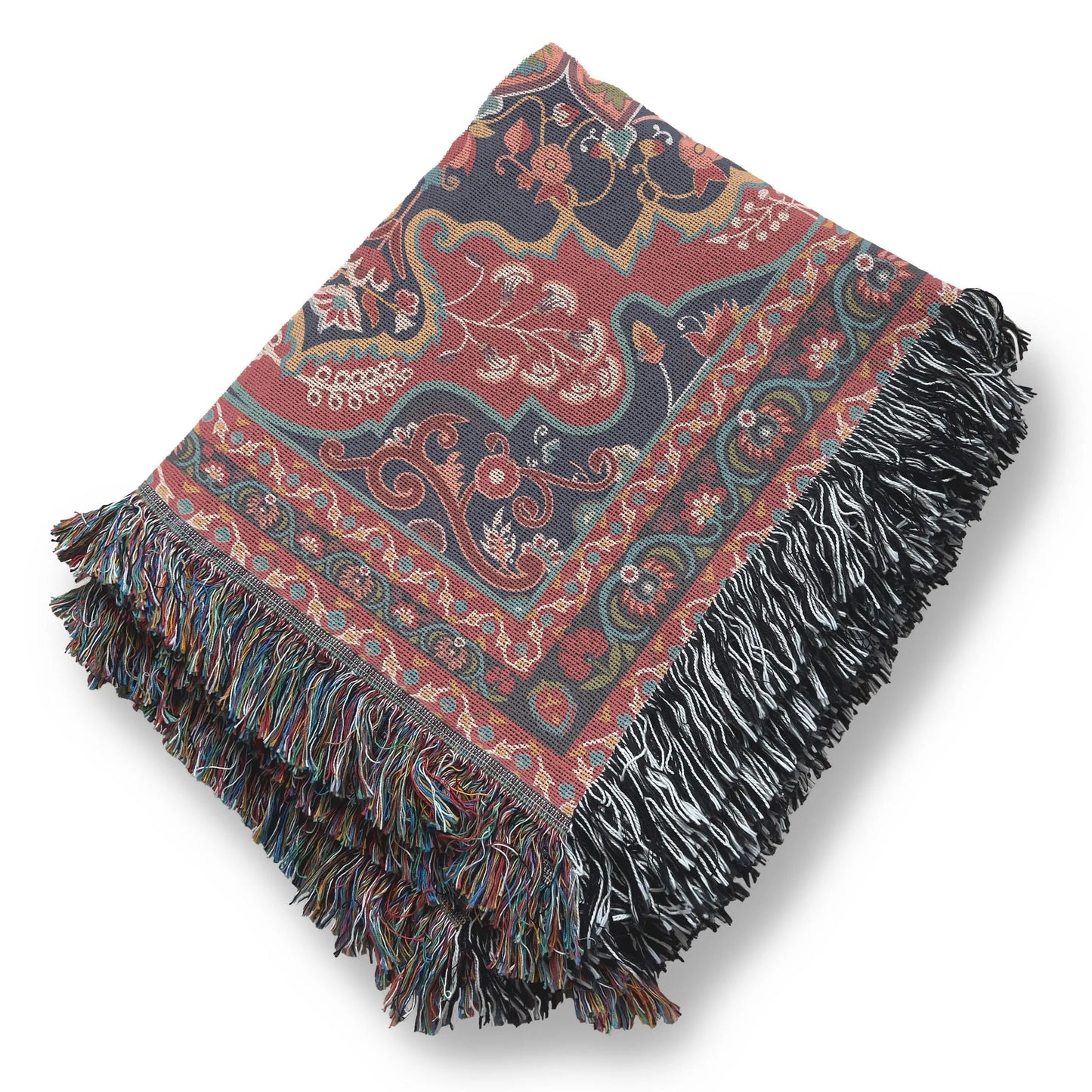 Cotton Throw Blanket – Persian Design Blanket With Oriental Pattern & Fringe Edge