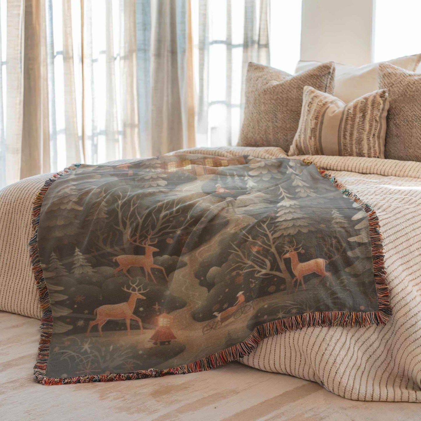 Christmas Bedroom Blanket - Festive Winter Throw with Reindeer & Trees | Soft Cotton Woven - timelessbohochic.com