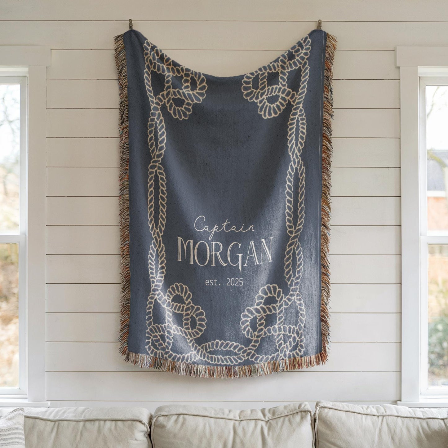 Marine Captain Blanket – Personalized Cotton Throw With Nautical Rope Knot Design