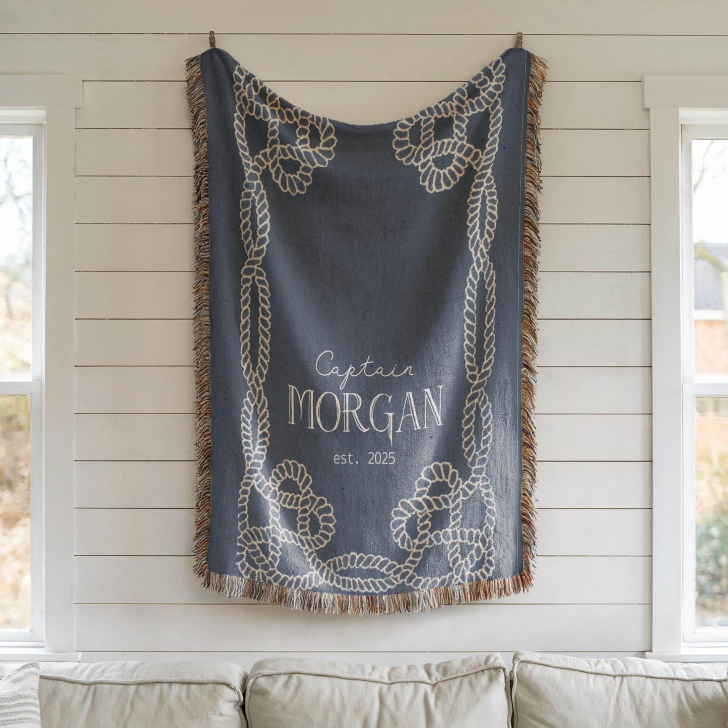 Marine Captain Blanket – Personalized Cotton Throw With Nautical Rope Knot Design - timelessbohochic.com