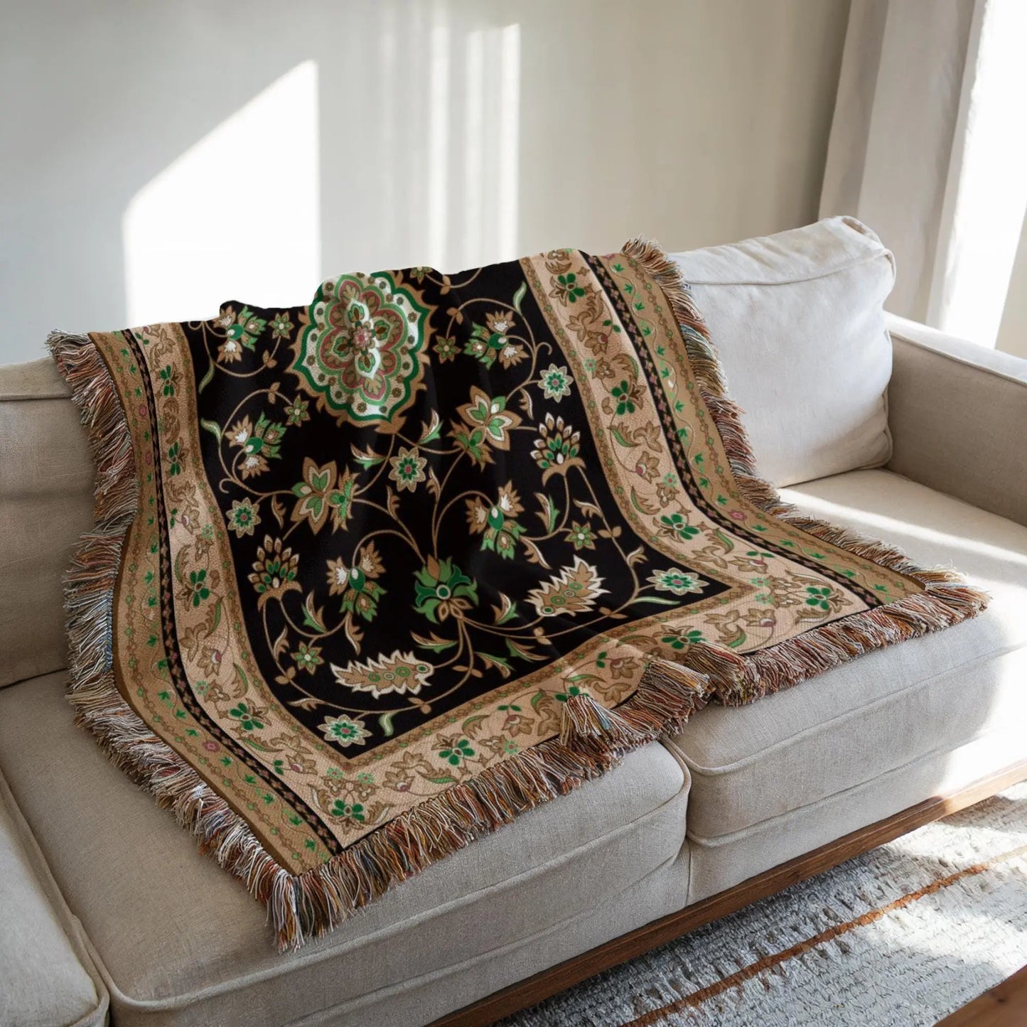 Turkish Rug Throw – Soft Cotton Kilim Blanket With Colorful Fringed Edges