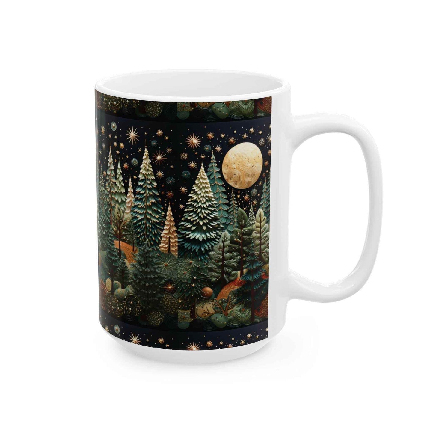 Moon and Trees Coffee Mug - Winter Landscape Ceramic Cup | Cozy Hot Beverage - timelessbohochic.com