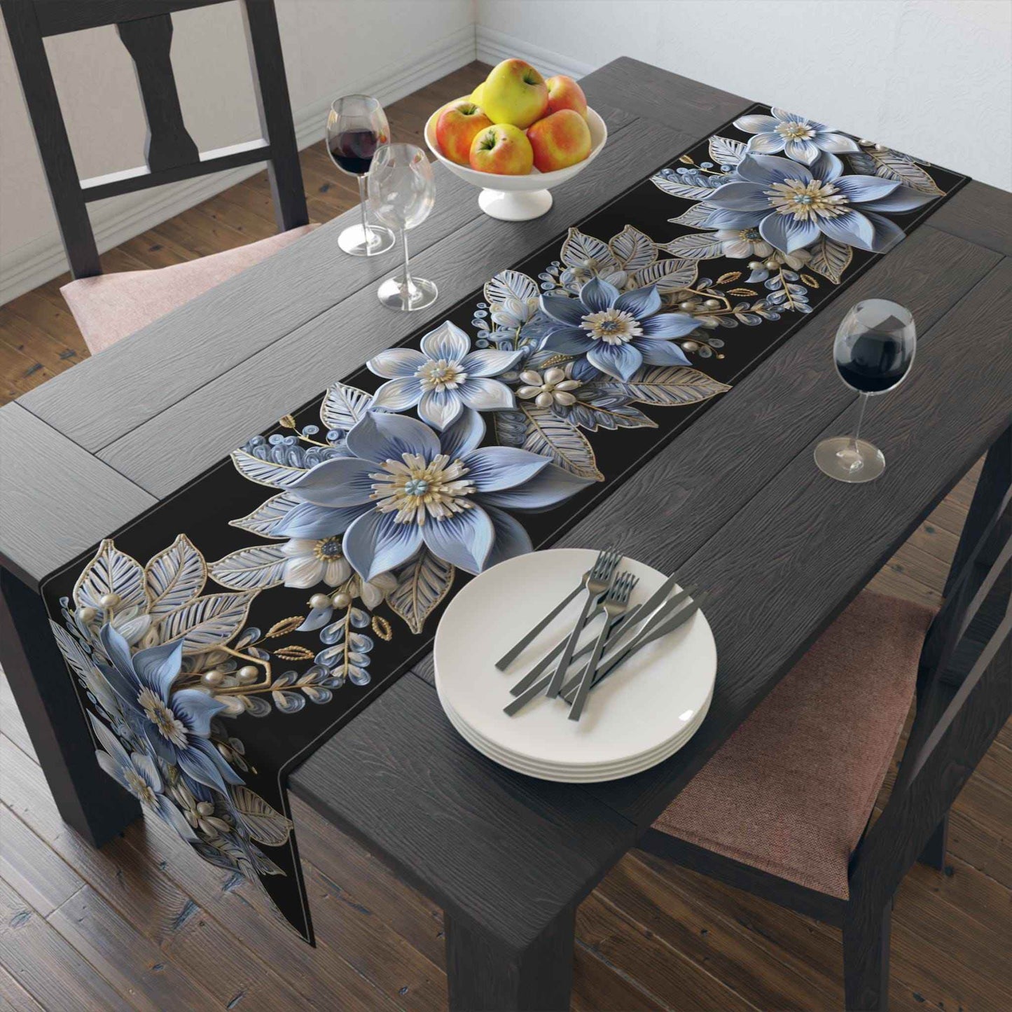 Poinsettia Table Runner - Baby Blue & Gold Holiday Table Decor | Soft Fabric, Hemmed Edge - timelessbohochic.com
