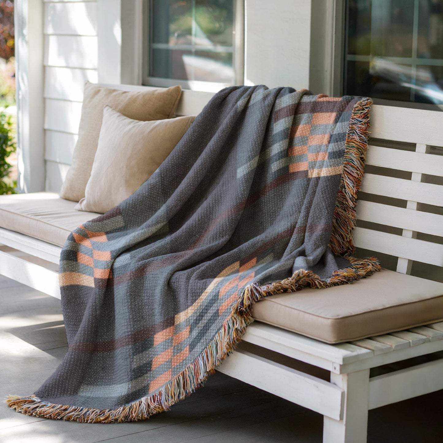 Cotton Woven Throw - Mid Century Modern Patio Picnic Blanket with Colorful Fringed Edges