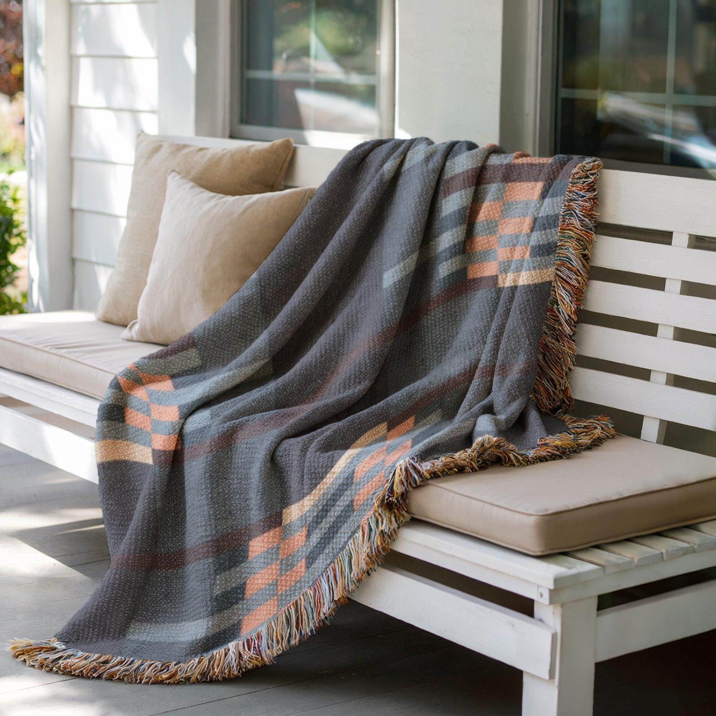 Cotton Woven Throw Blanket - Mid Century Modern Picnic & Patio Blanket with Colorful Fringed Edges - timelessbohochic.com