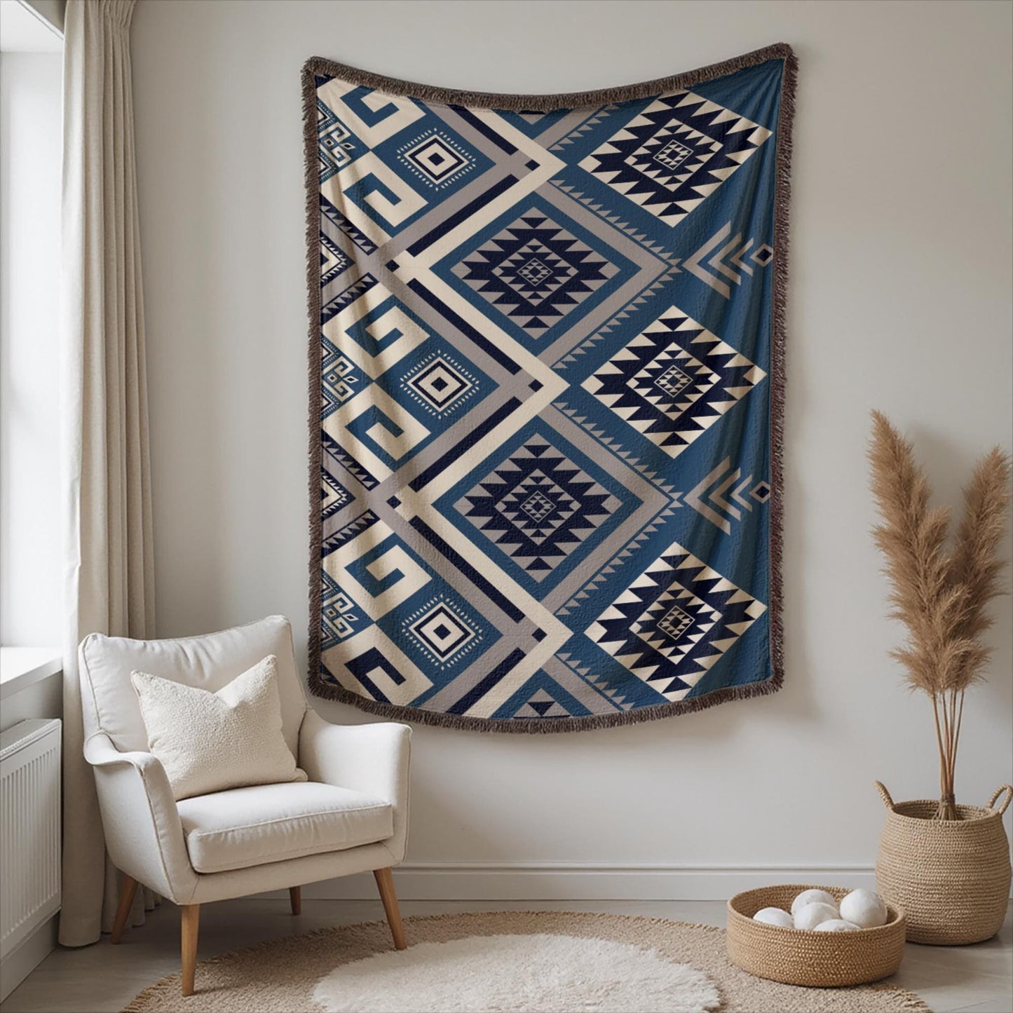 Personalized Wall Hanging - Woven Tapestry With Aztec Pattern Decor & Colorful Fringe Edge