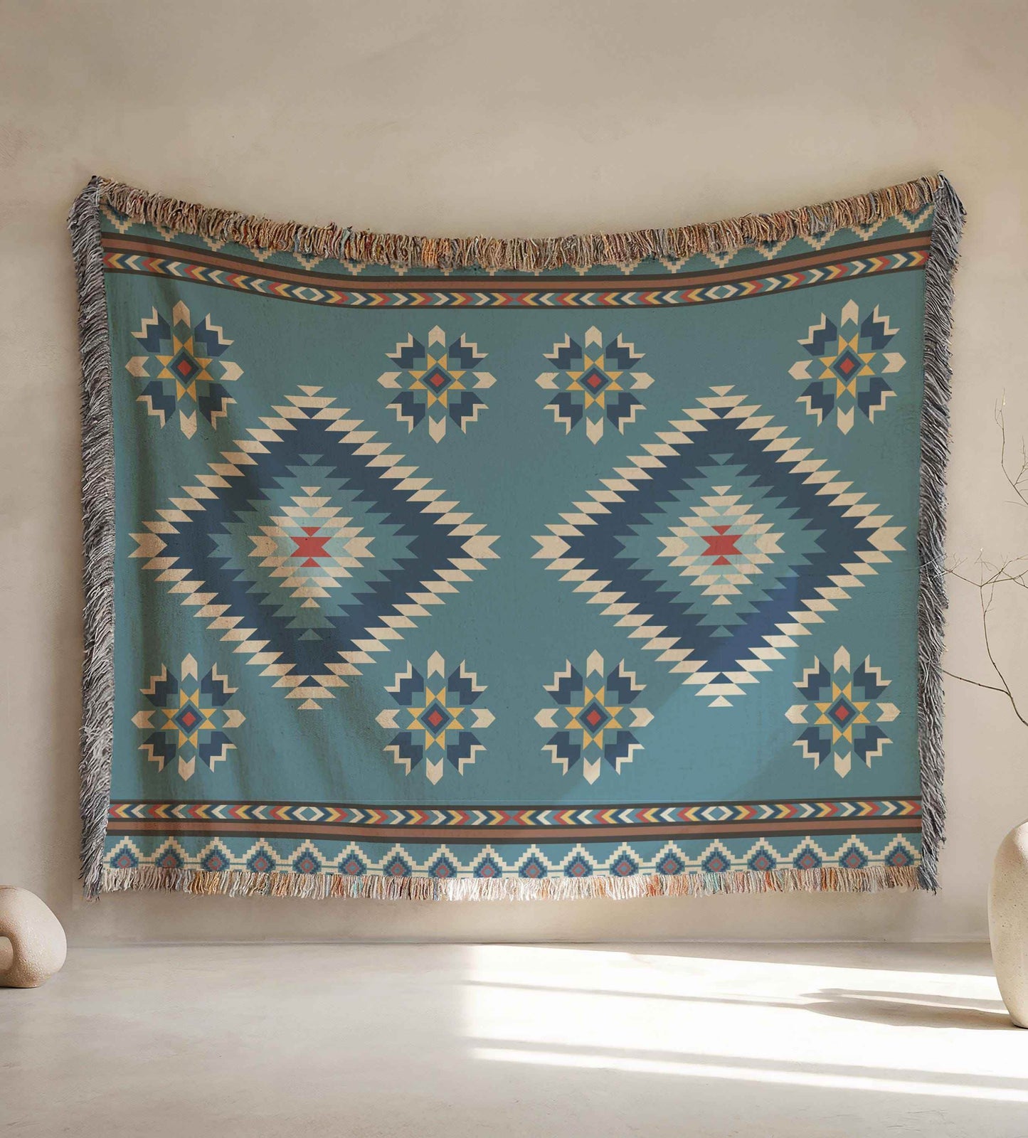 Navajo Wall Tapestry - Rustic Cotton Boho Patio Blanket with Colorful Fringed Edges - timelessbohochic.com
