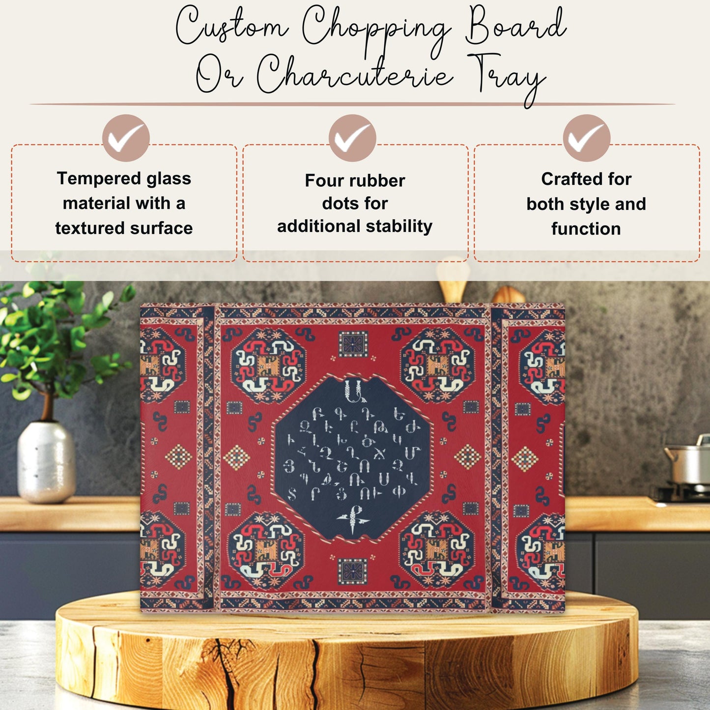 Armenian Glass Cutting Board – Textured Surface With Non-Slip Rubber Feet For Kitchen And Gift