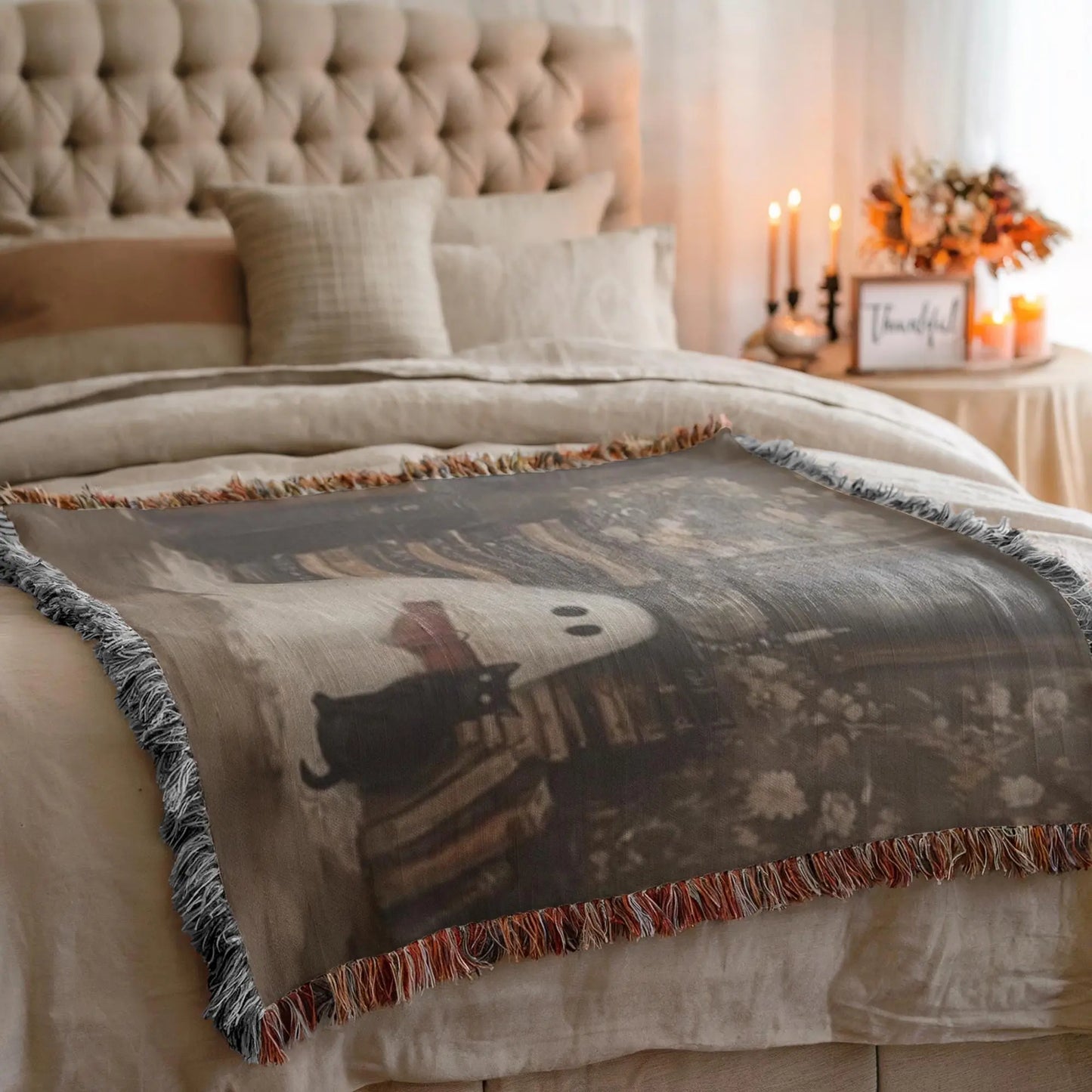 Ghost Book Cat Blanket – Soft Cotton Throw With Fringed Edges, Cozy Reading Nook Decor