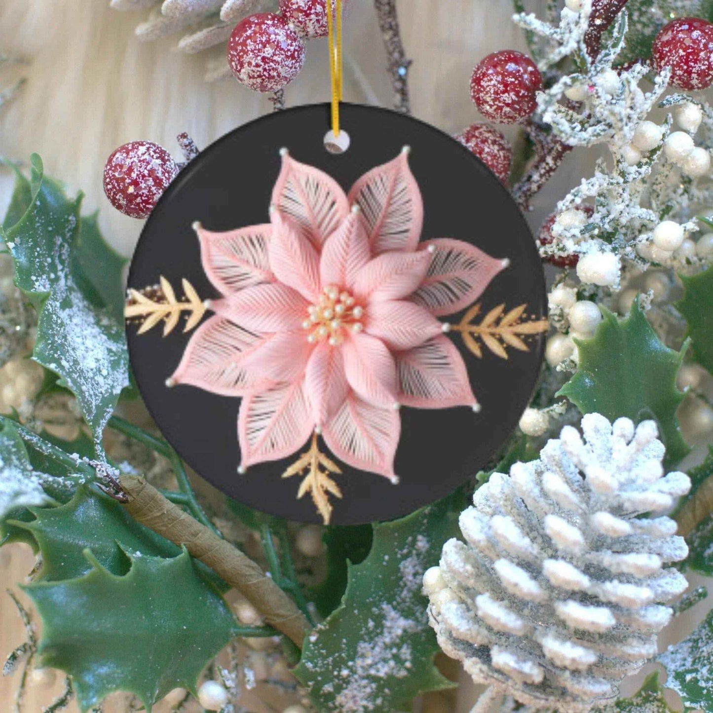 Pink Poinsettia Ornament - Gold Accented Ceramic Christmas Decoration Gift - timelessbohochic.com