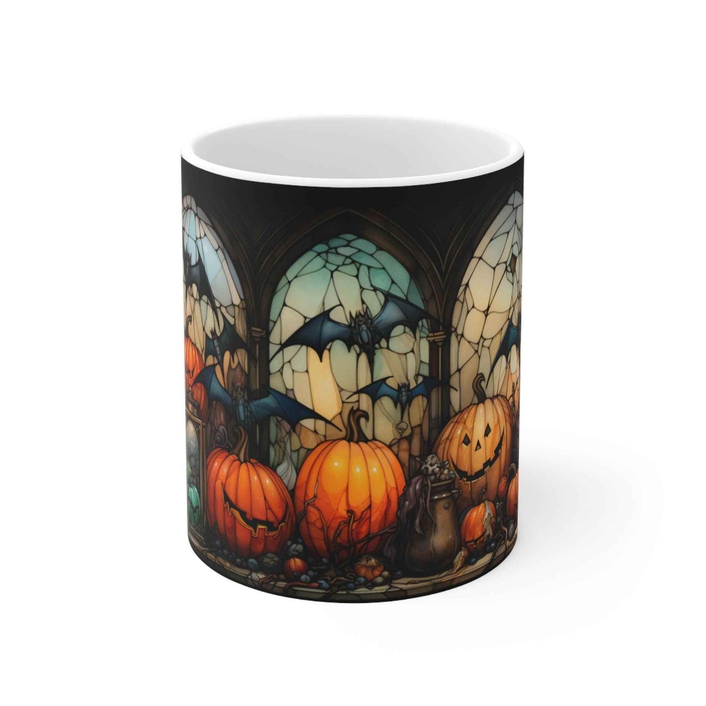 Halloween Coffee Mug - Cute Pumpkin Stained Glass Ceramic, 11oz Dishwasher Safe - timelessbohochic.com