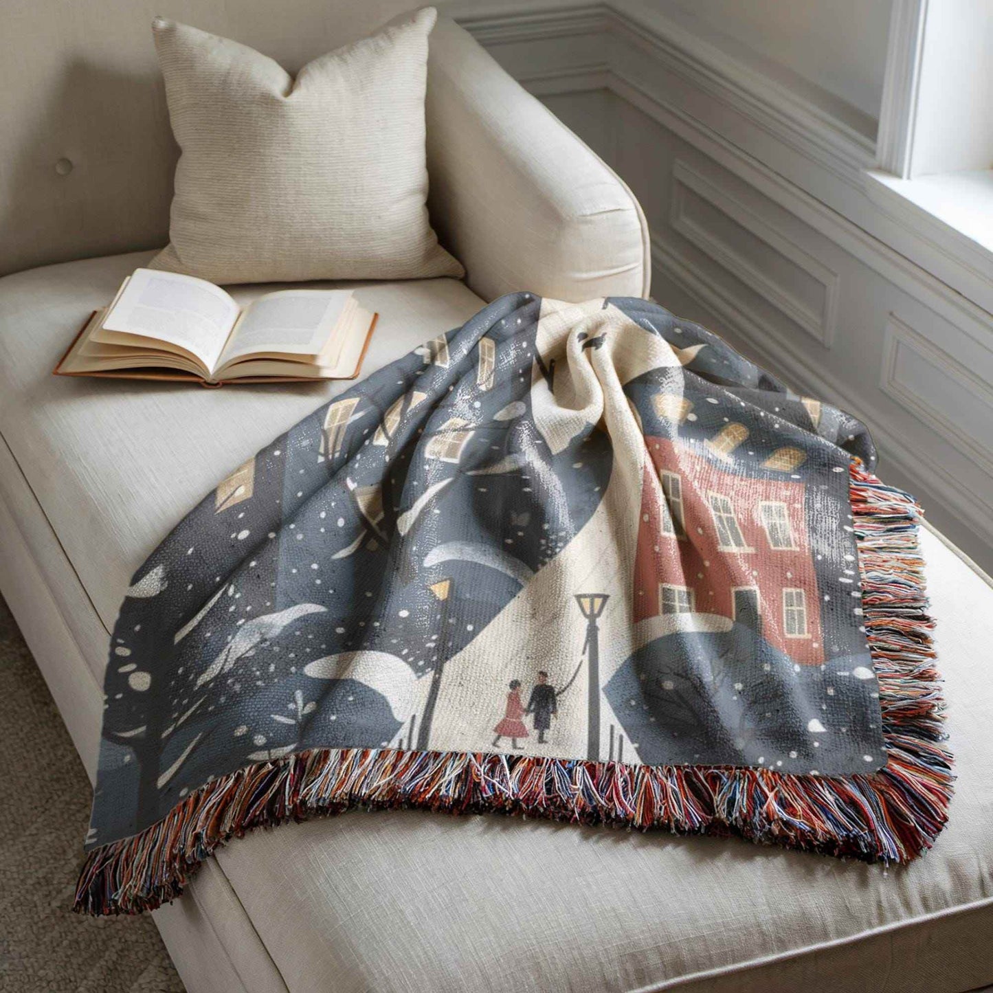 Christmas Village Throw Blanket - Cozy Cotton Holiday Throw With Fringed Edge - timelessbohochic.com