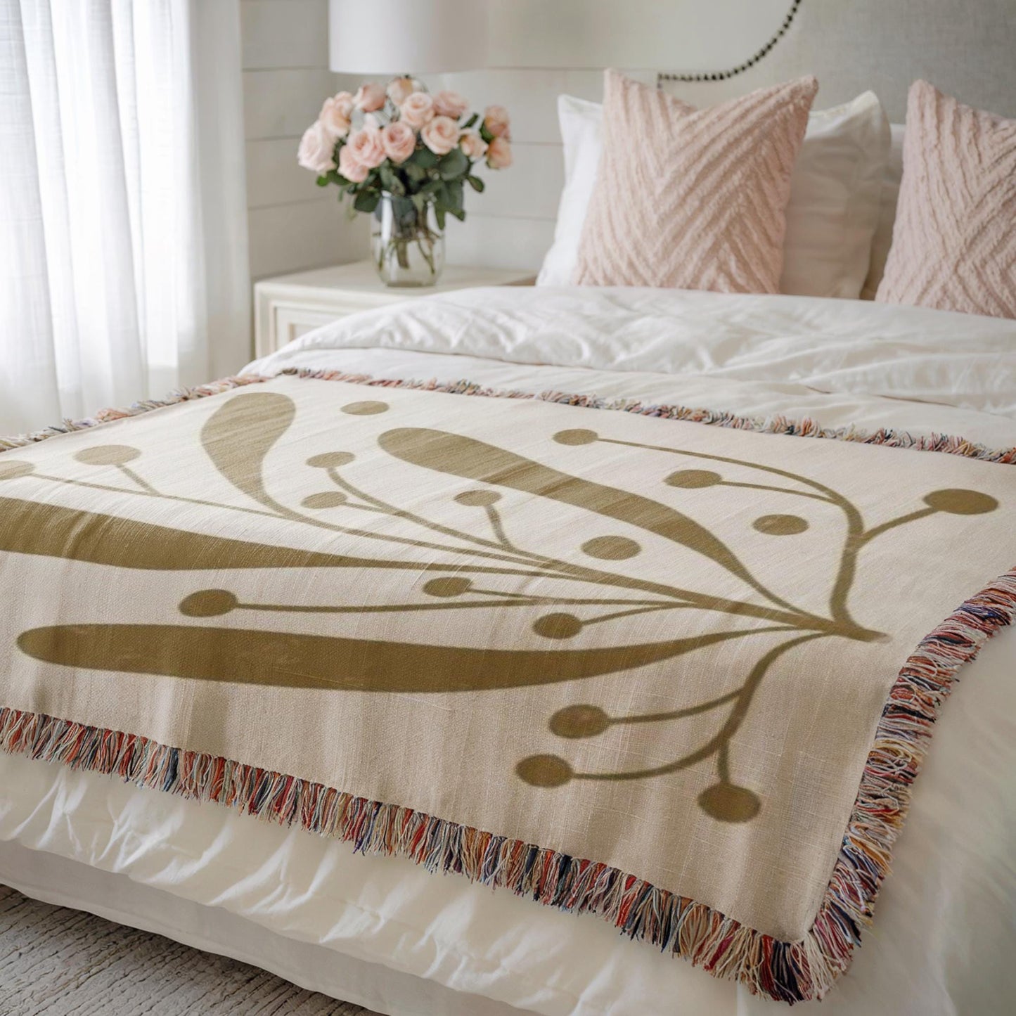 Linden Leaf Woven Blanket - Mid Century Throw With Botanical Pattern & Cozy Cotton