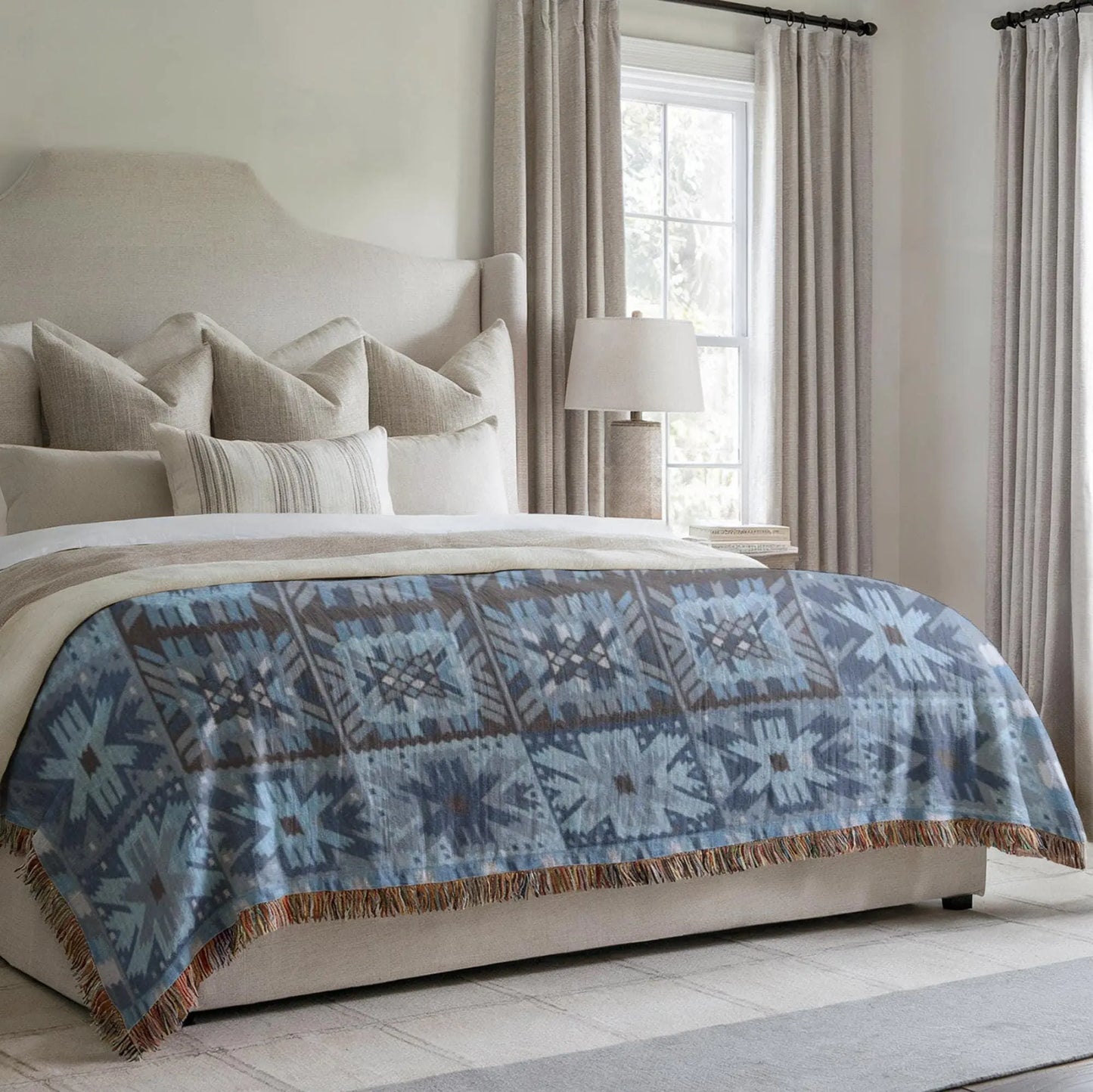 Scandi Woven Blanket – Cozy Bed Throw With Fringed Edge, Nordic Bedding Decor