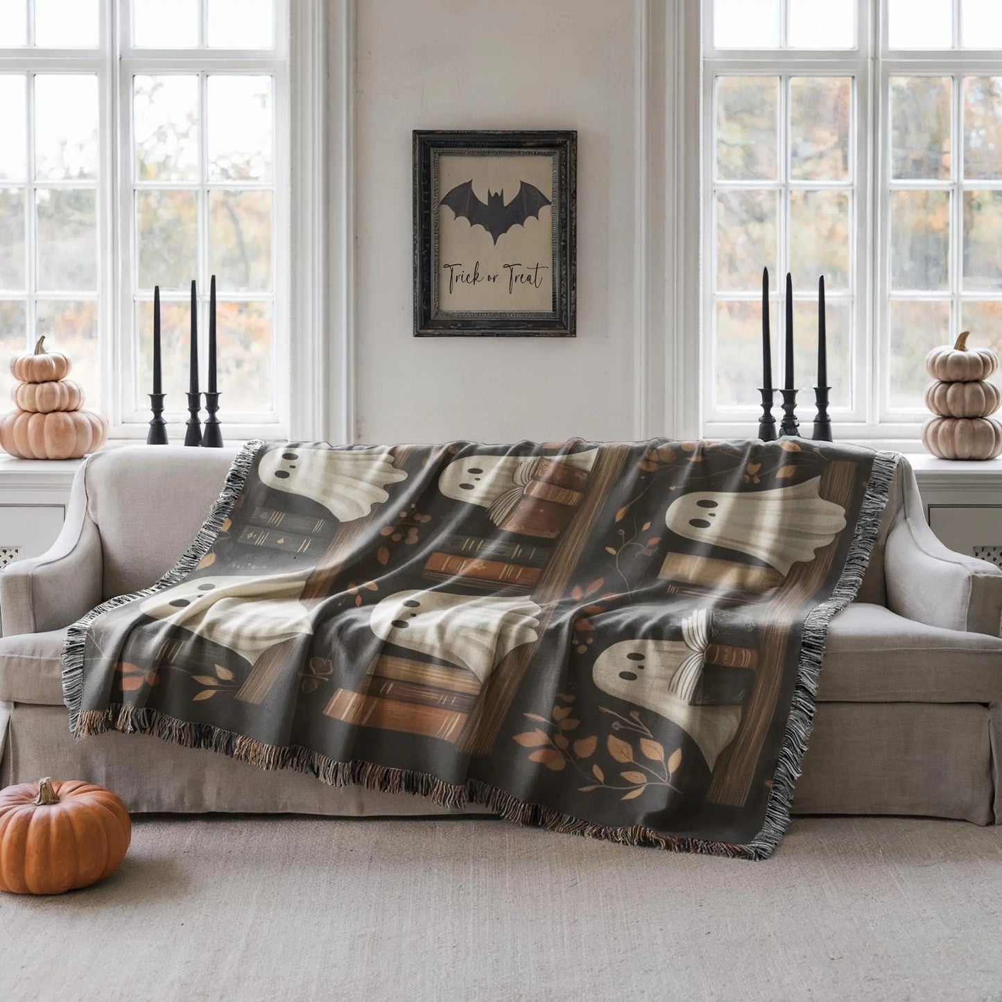 Halloween Woven Blanket – Ghosts on Bookshelf Cozy Sofa Throw with Colorful Fringed Edges