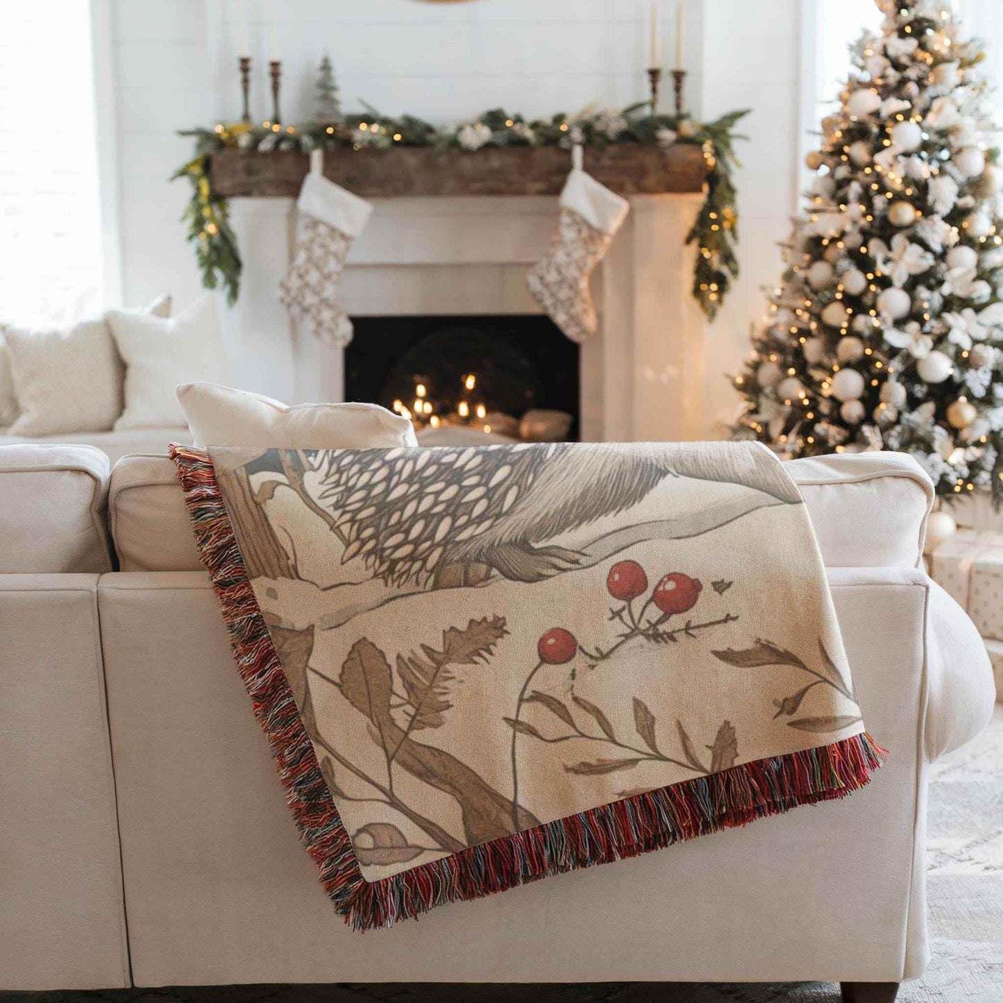 Woodland Creature Blanket - Cozy Cotton Woven Throw With Hedgehog Design - timelessbohochic.com