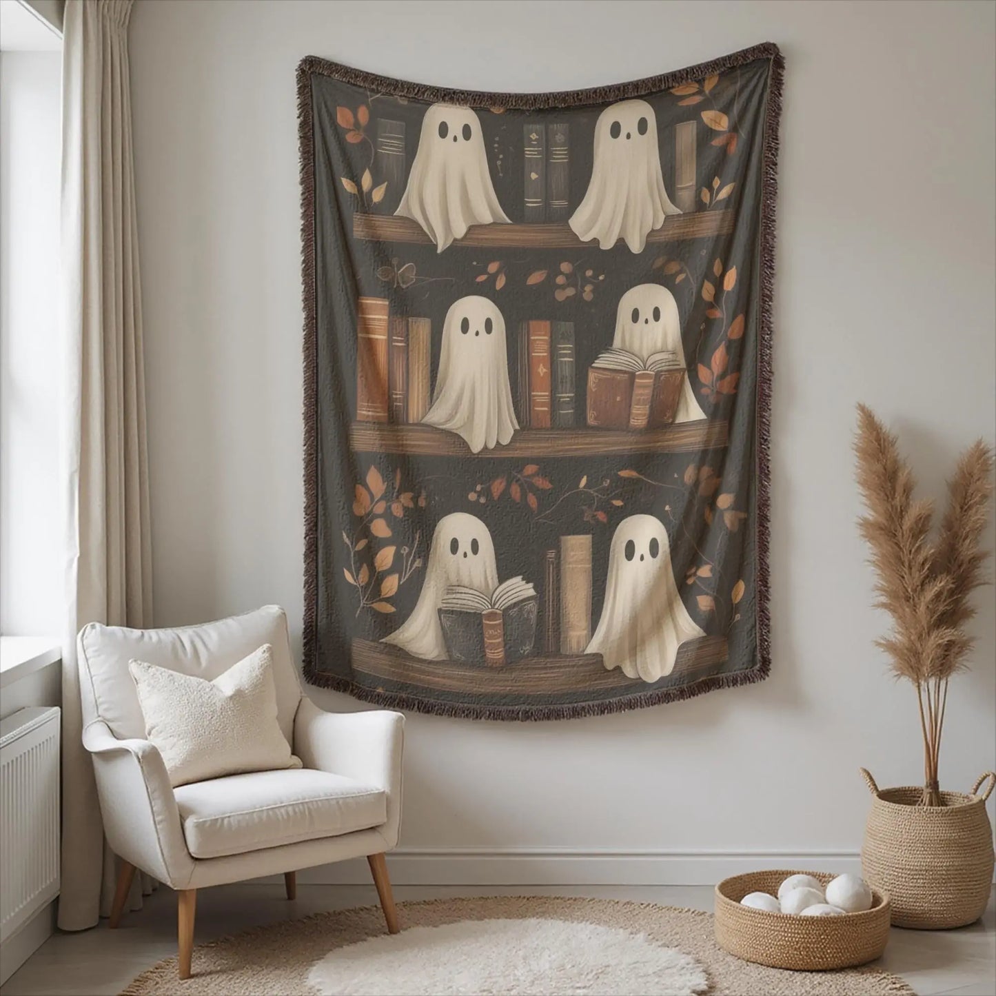 Halloween Tapestry Decor – Spooky Ghost Wall Art | Cozy Cotton Bookshelf Hanging
