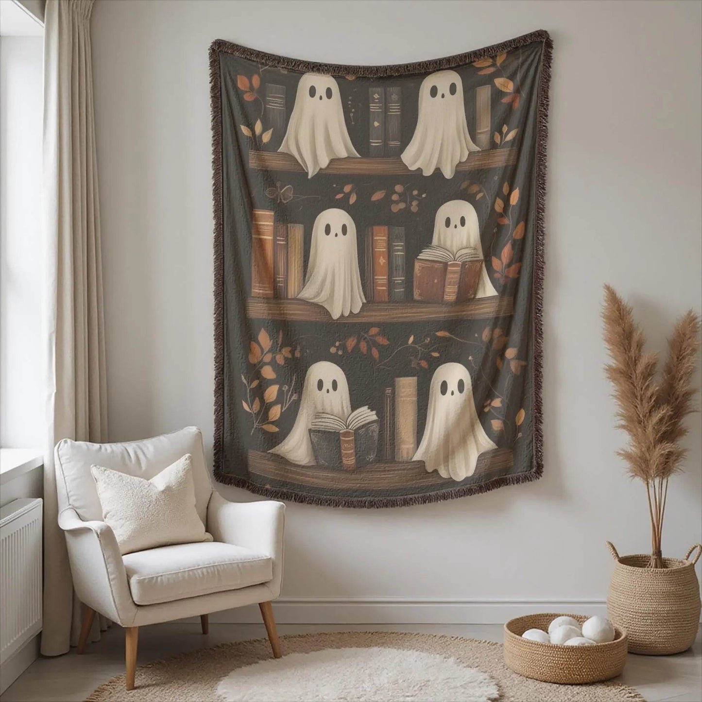 Halloween Tapestry Decor – Spooky Ghost Wall Art | Cozy Cotton Bookshelf Hanging - timelessbohochic.com