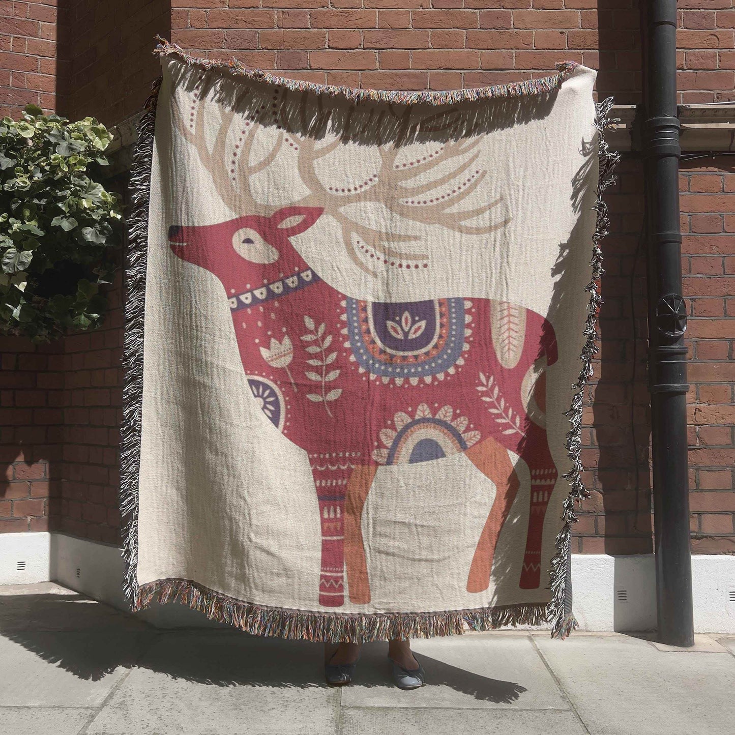 Dala Reindeer Blanket - Scandinavian Throw With Colorful Fringe | Cozy Cotton Yarn - timelessbohochic.com