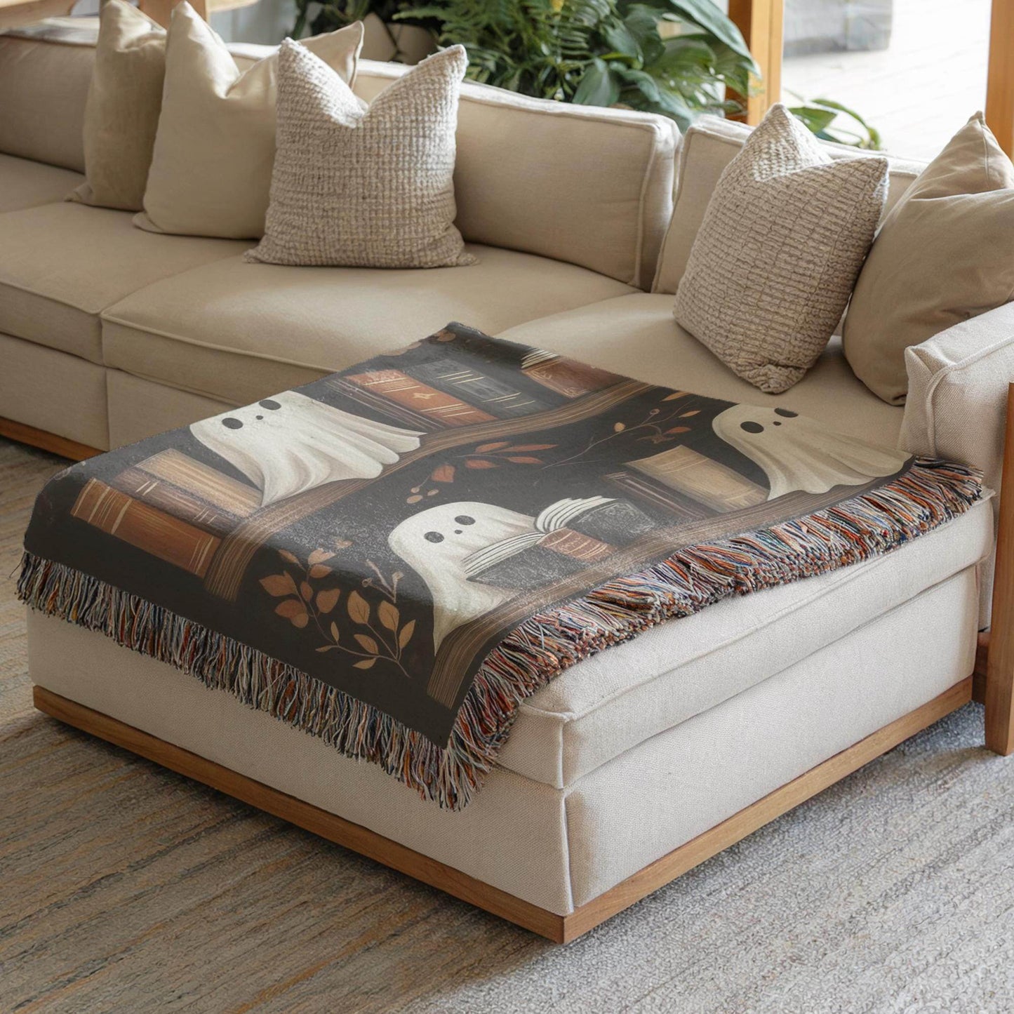 Halloween Blanket | Spooky Sofa Throw With Ghost Bookshelf Decor & Colorful Fringed Edges - timelessbohochic.com