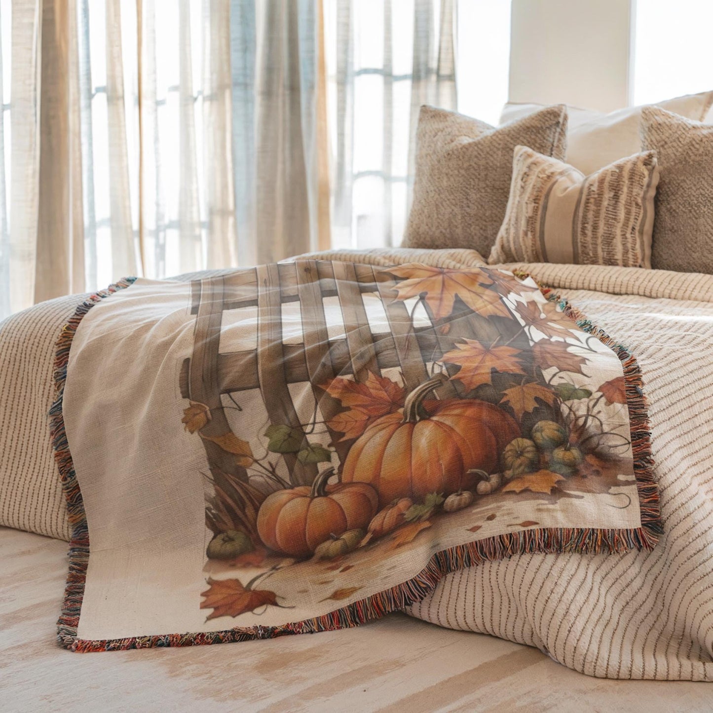 Thanksgiving Blanket, Farmhouse Design with Leaves Pumpkin and Picket Fence, Harvest Season Bedding, Fall Bed Cover, Gift for Dad Daddy Pop