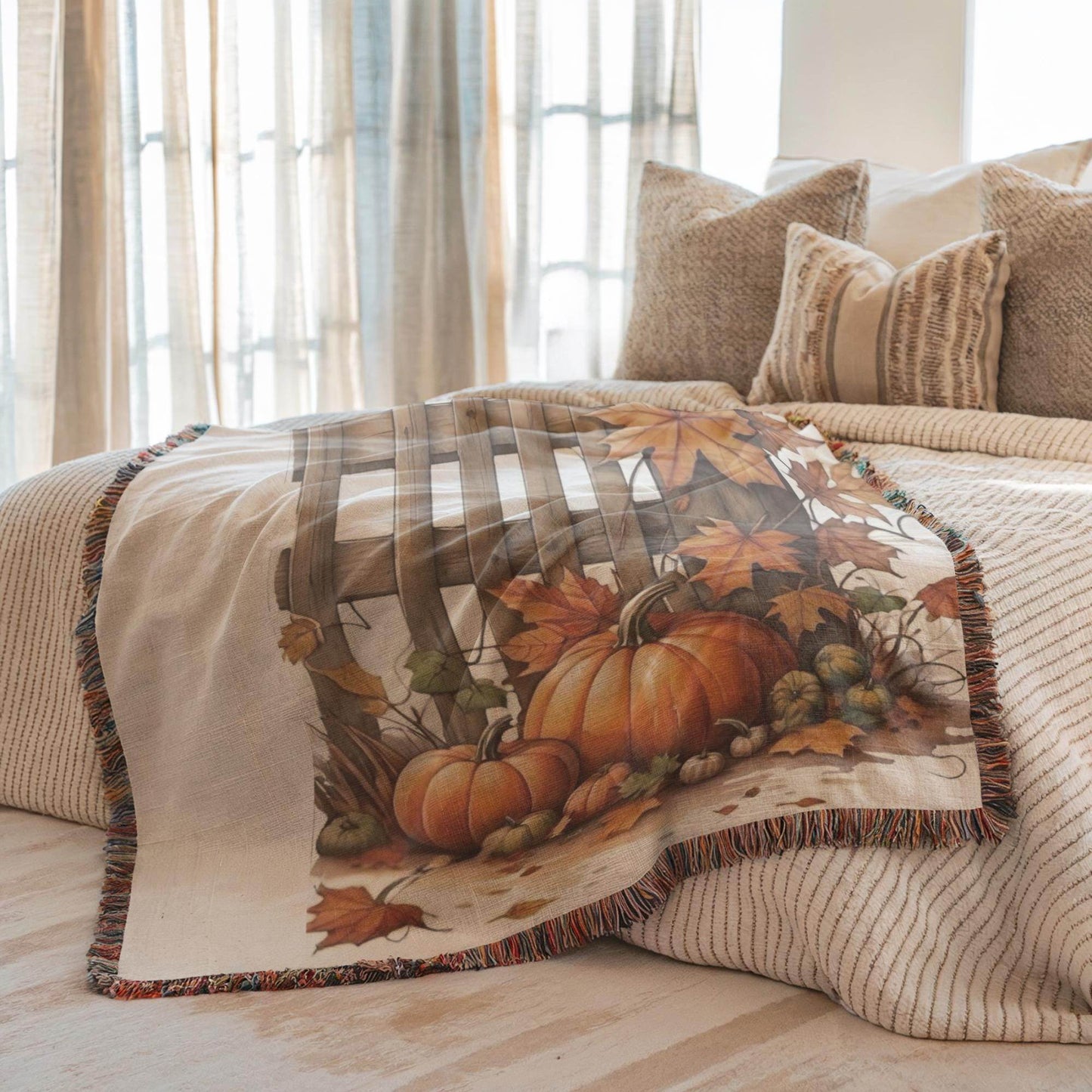 Thanksgiving Cotton Woven Blanket, Farmhouse Design with Leaves, Pumpkin, and Picket Fence - Harvest Season Bedding Gift for Dad - timelessbohochic.com