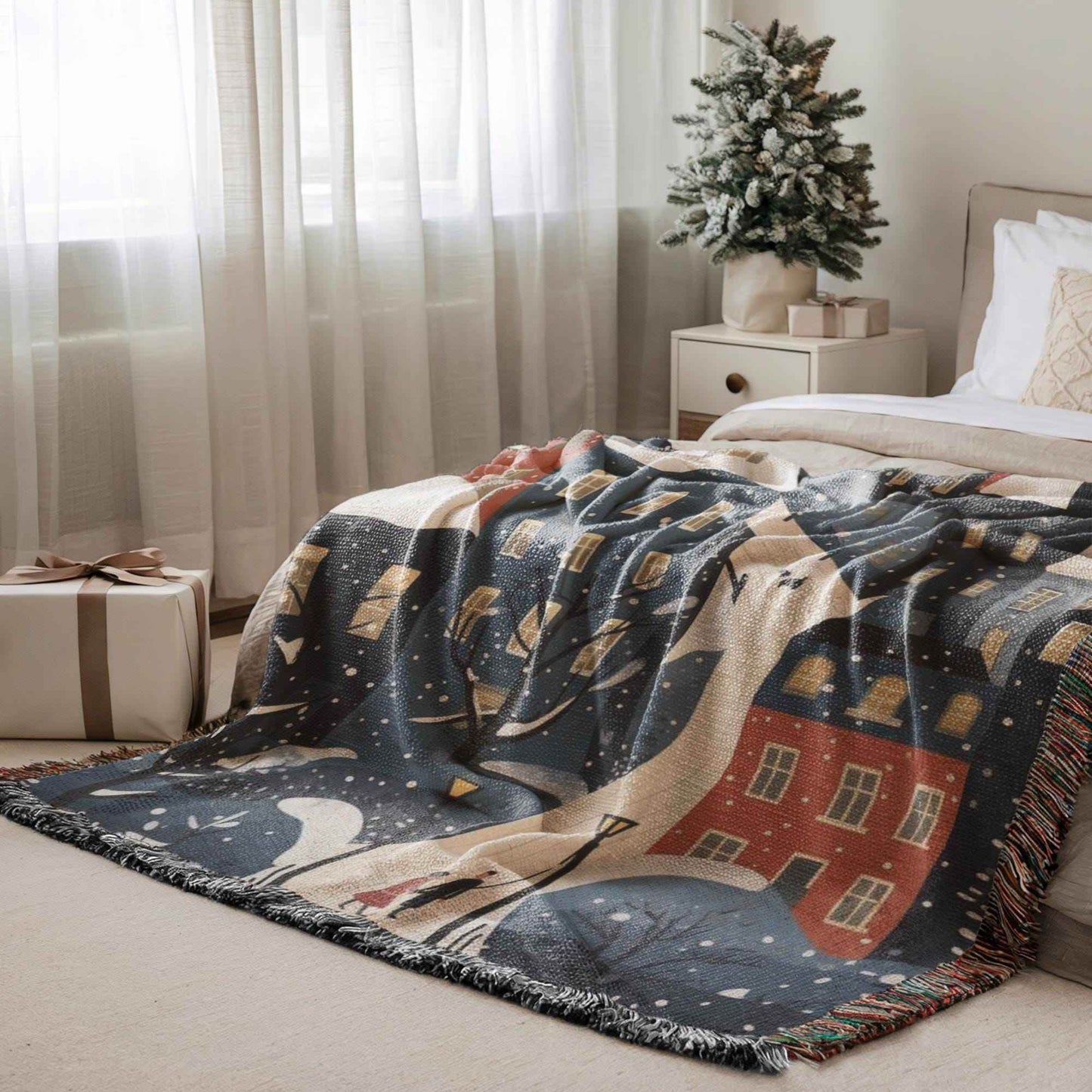 Xmas Village Throw Blanket – Cozy Cotton Woven Holiday Decor with Fringed Edges - timelessbohochic.com