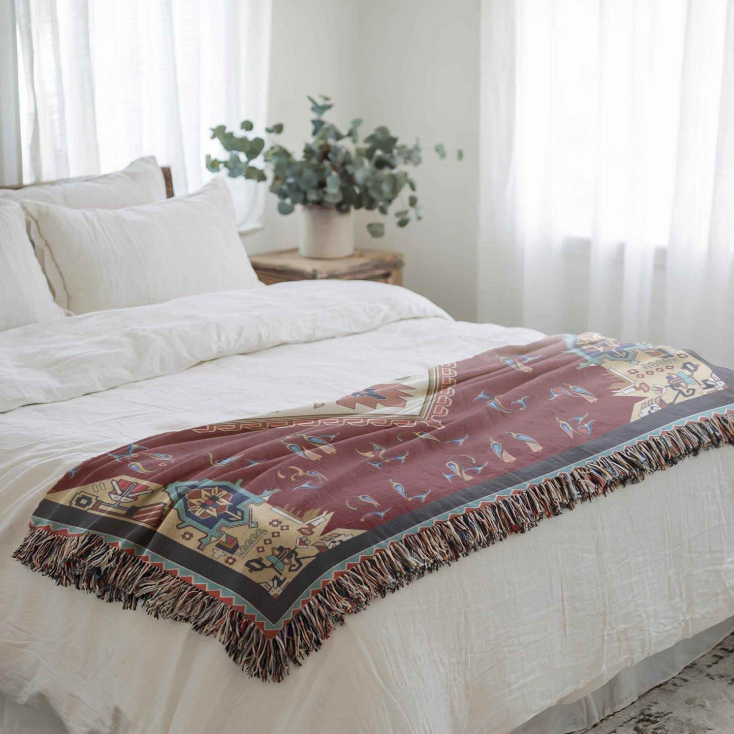 Anatolian Throw Blanket – Ethnic Woven Cotton Couch Cover with Armenian Alphabet - timelessbohochic.com