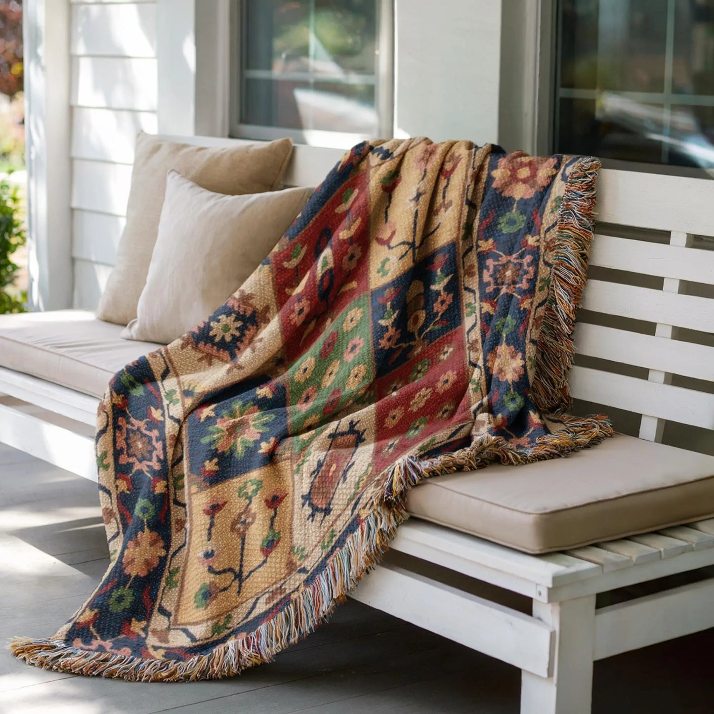 Checkered Turkish Throw - Floral Cotton Picnic Quilt | Cozy Patio Blanket