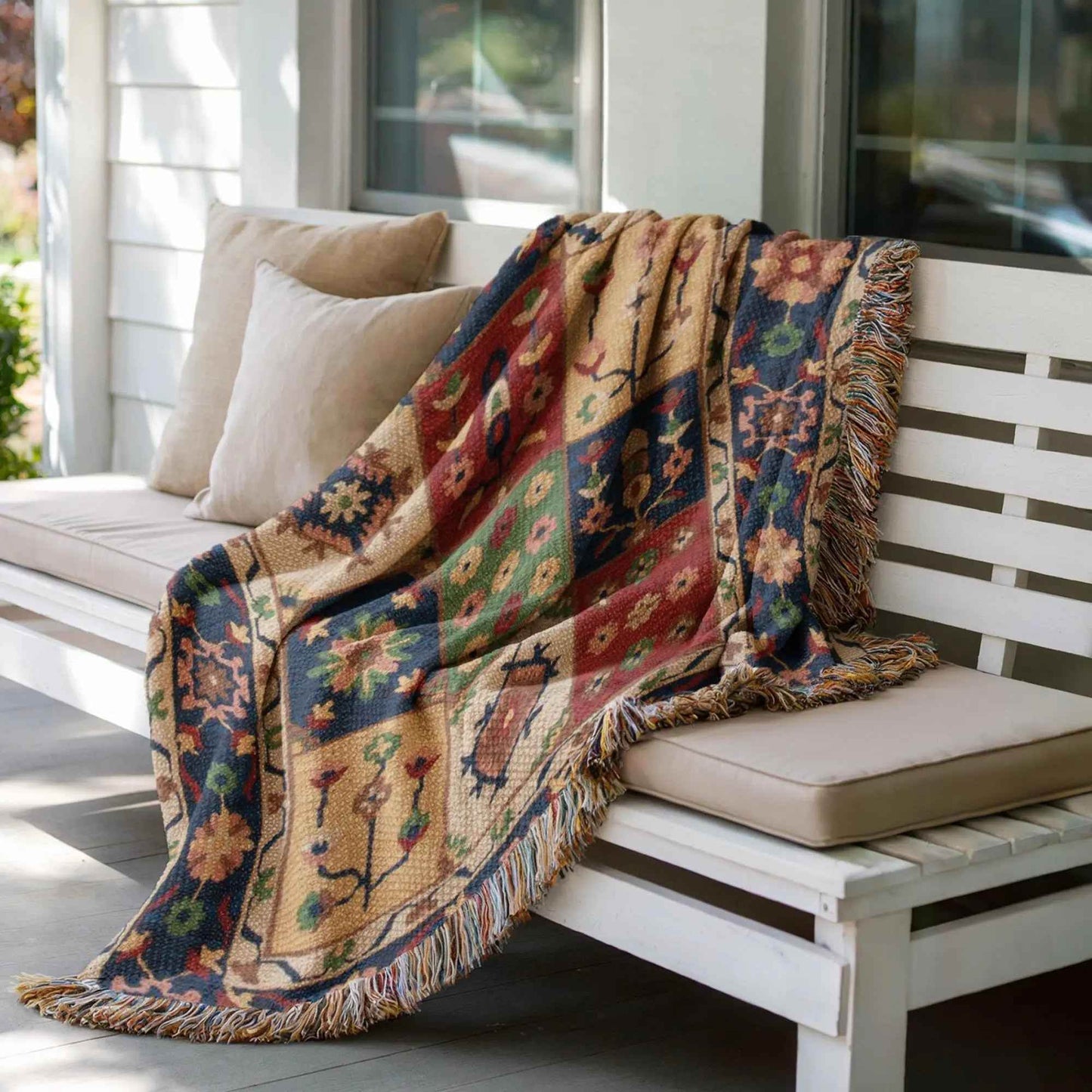 Checkered Turkish Throw Blanket - Floral Cotton Picnic Quilt | Cozy Patio Blanket - timelessbohochic.com