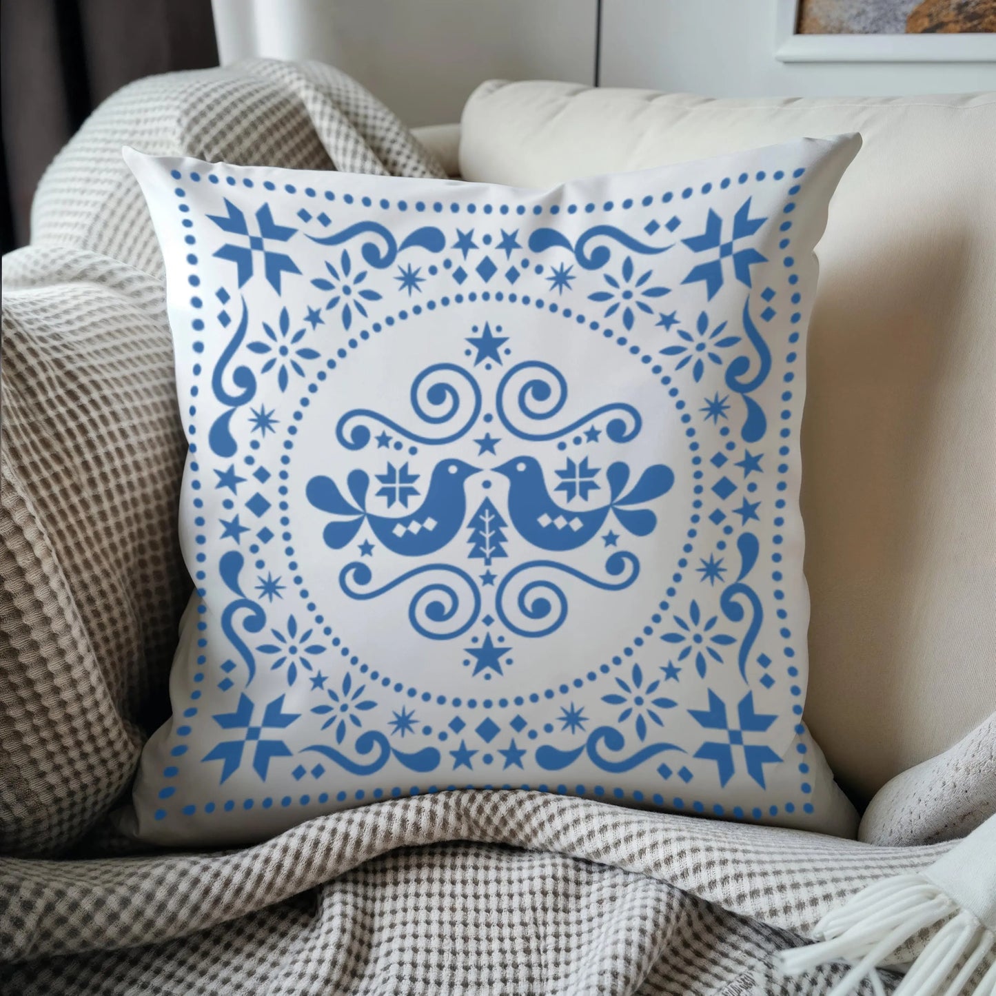 Scandinavian Pillowcase - Double Sided Folk Art Bird Throw Pillow Sham | Soft Polyester Fabric