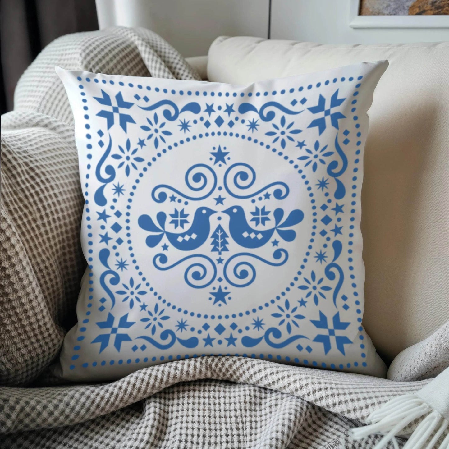 Scandinavian Pillowcase - Double Sided Folk Art Bird Throw Pillow Sham | Soft Polyester Fabric - timelessbohochic.com