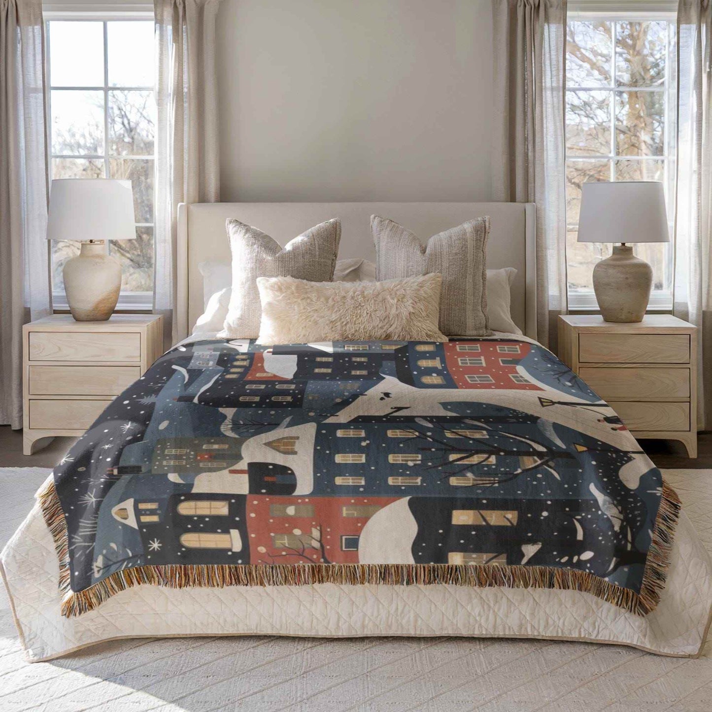 Xmas Village Throw Blanket – Cozy Cotton Woven Holiday Decor with Fringed Edges - timelessbohochic.com