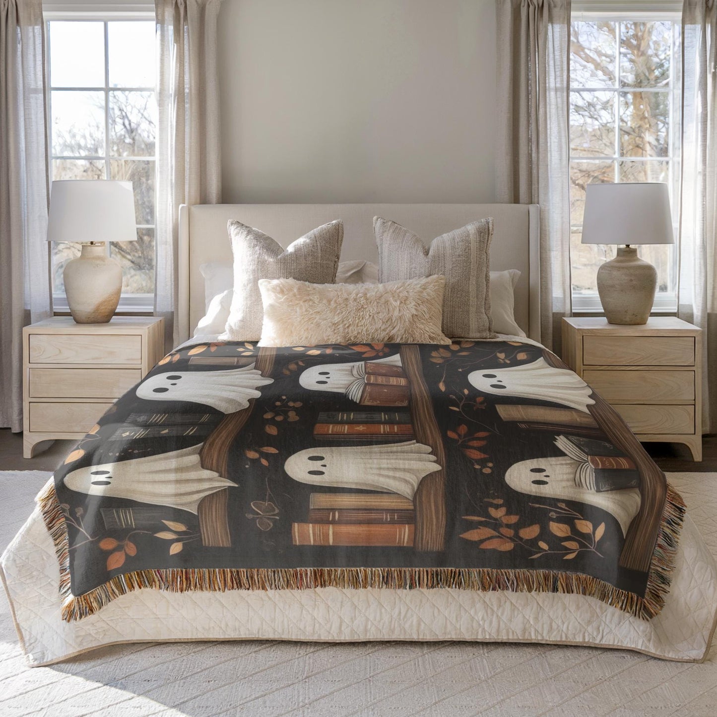 Ghost Blanket Woven Throw – Cozy Cotton Halloween Bedding with Colorful Fringed Edges