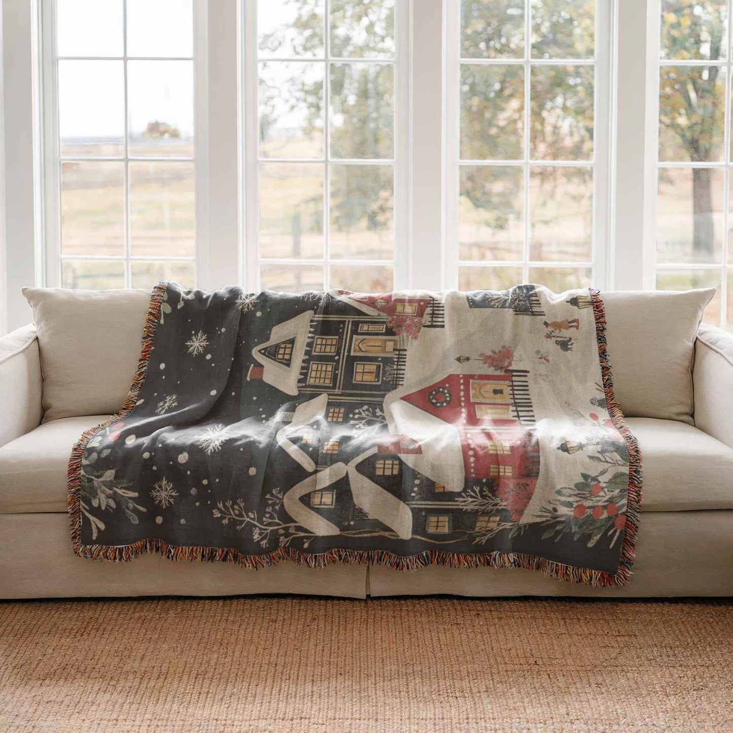 Holiday Bed Blanket - Woven Cotton Throw With Christmas Village Scene, Cozy Winter Folk Art - timelessbohochic.com