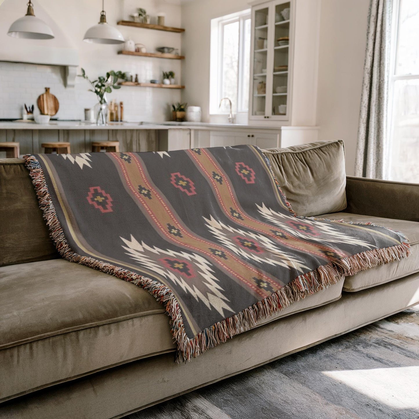 a cozy living room with a brown sofa and a patterned throw blanket draped over it. The room has a kitchen visible in the background, featuring a sink and various kitchen items.
