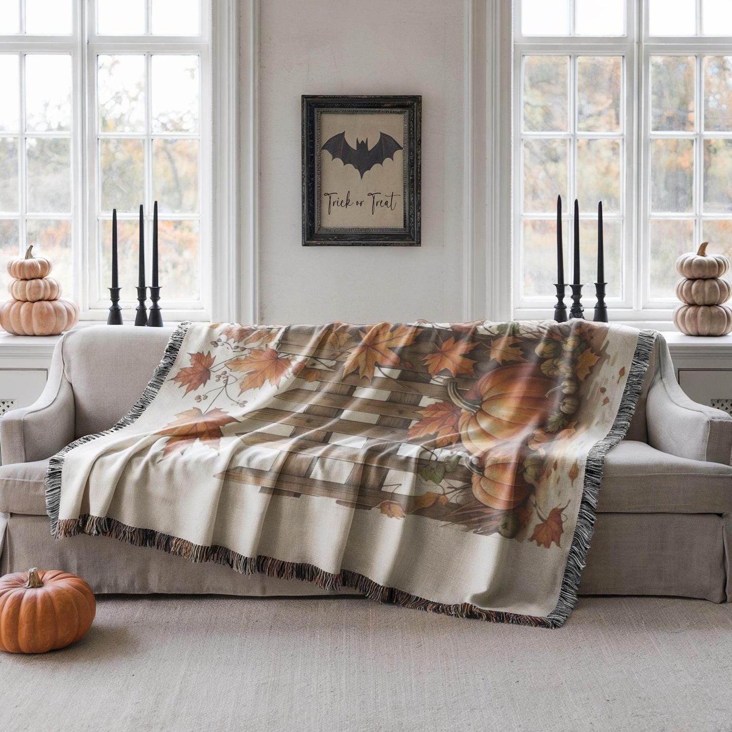 Thanksgiving Woven Blanket, Fall Leaves Couch Throw, Harvest Season Bedding, Autumn Cotton Throw, Warm Farmhouse Decor, Mom Dad Gift Idea - timelessbohochic.com