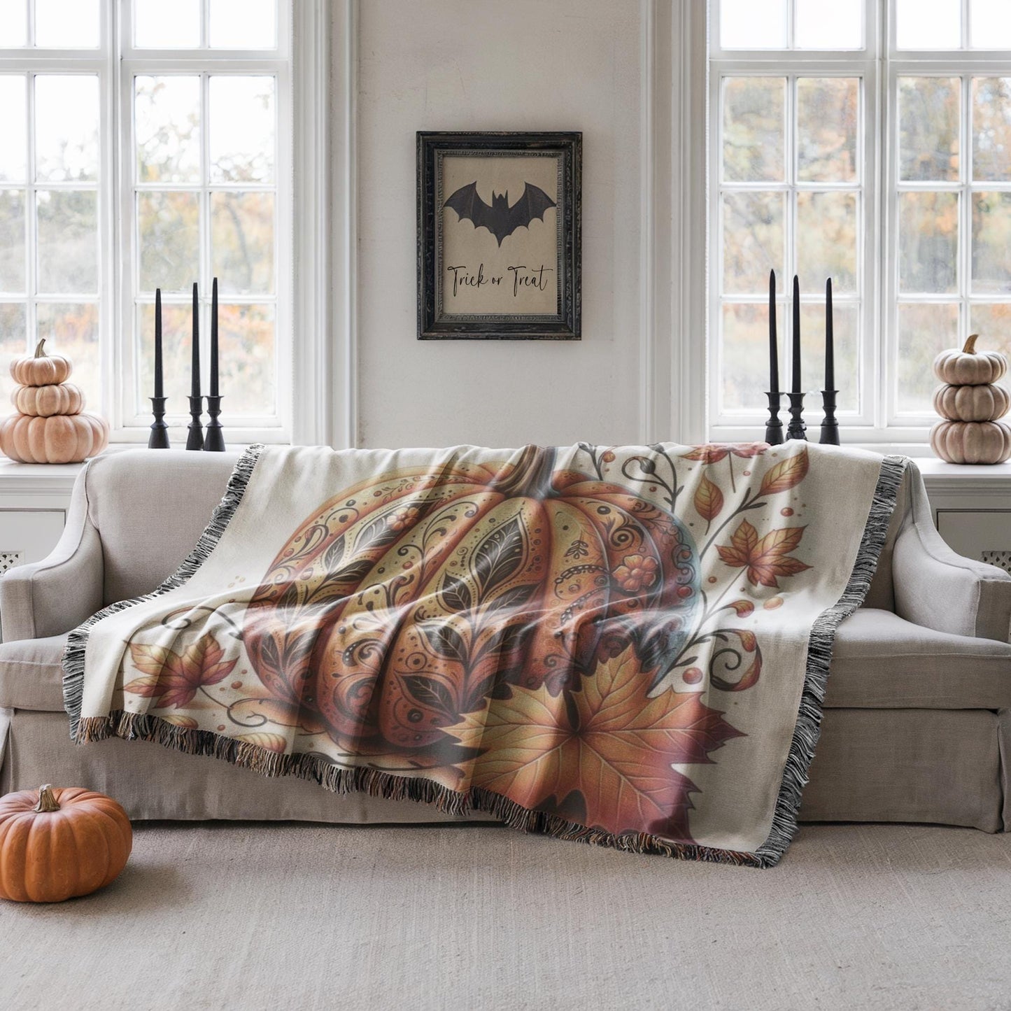 Thanksgiving Pumpkin Blanket - Woven Throw With Tattooed Pumpkin Design, Cozy Fall Decor