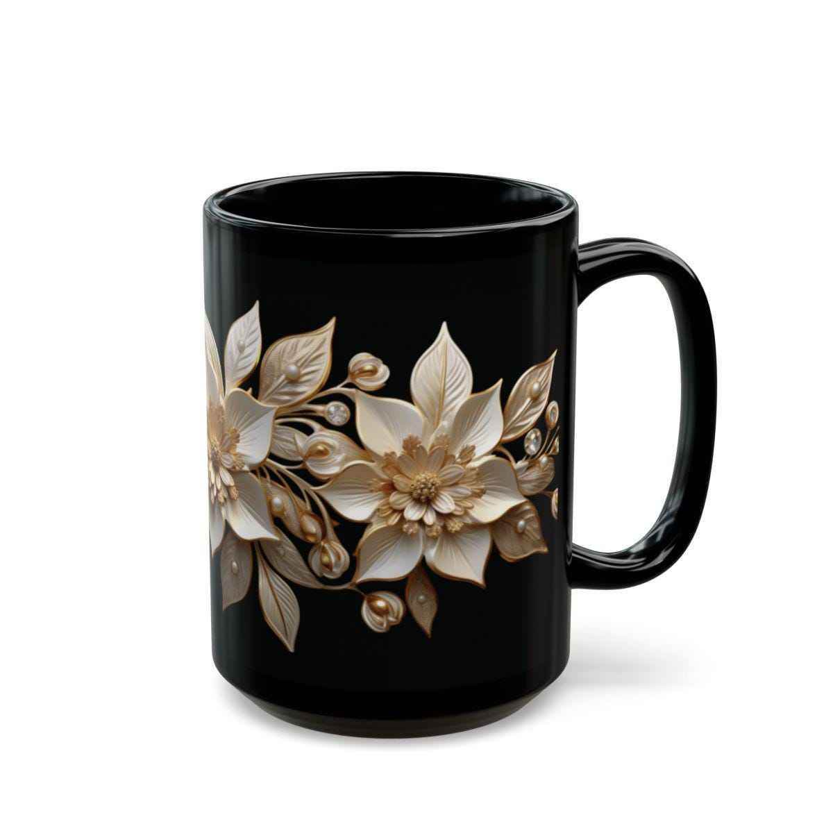 Christmas Tea Cup - Black Ceramic Mug with Retro Poinsettia Design | Microwave Safe - timelessbohochic.com