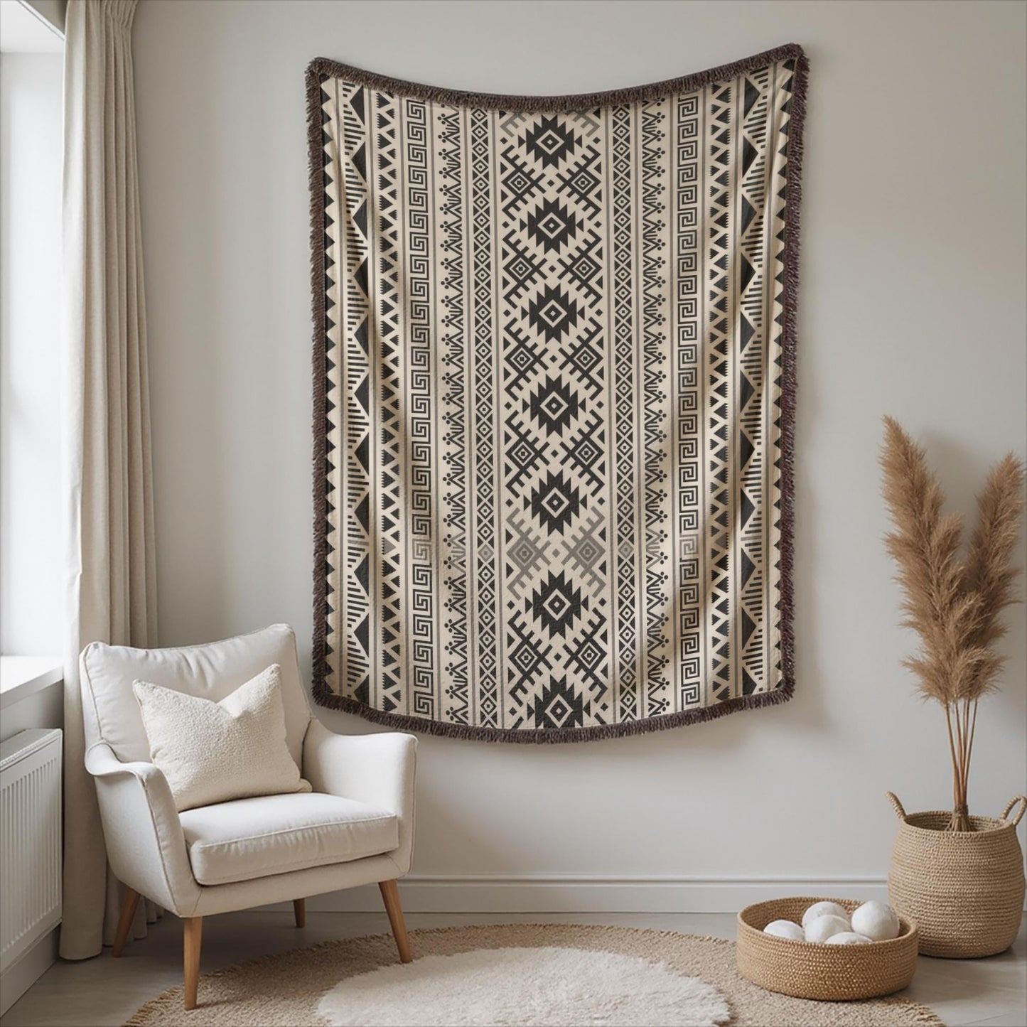 a living room with a large, patterned tapestry hanging on the wall, a white armchair, and a woven basket with balls on the floor.