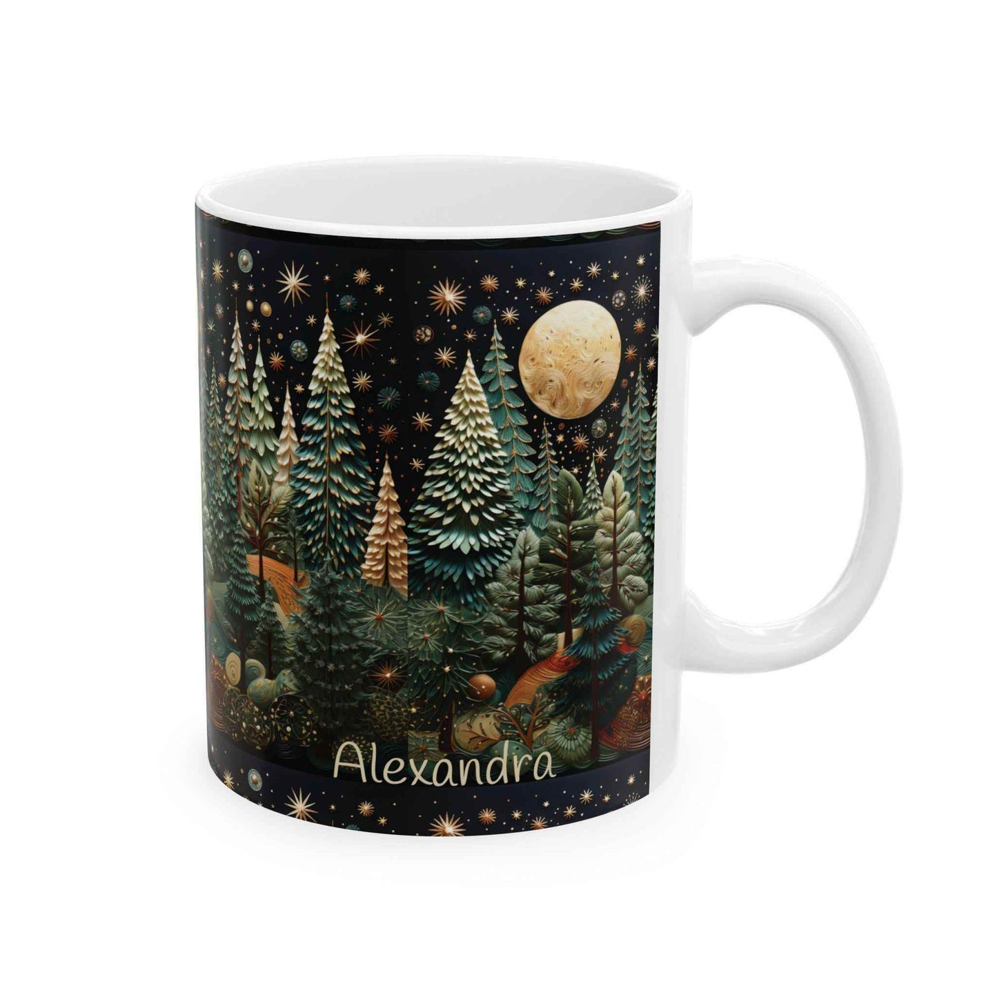 Moon and Trees Coffee Mug - Winter Landscape Ceramic Cup | Cozy Hot Beverage - timelessbohochic.com