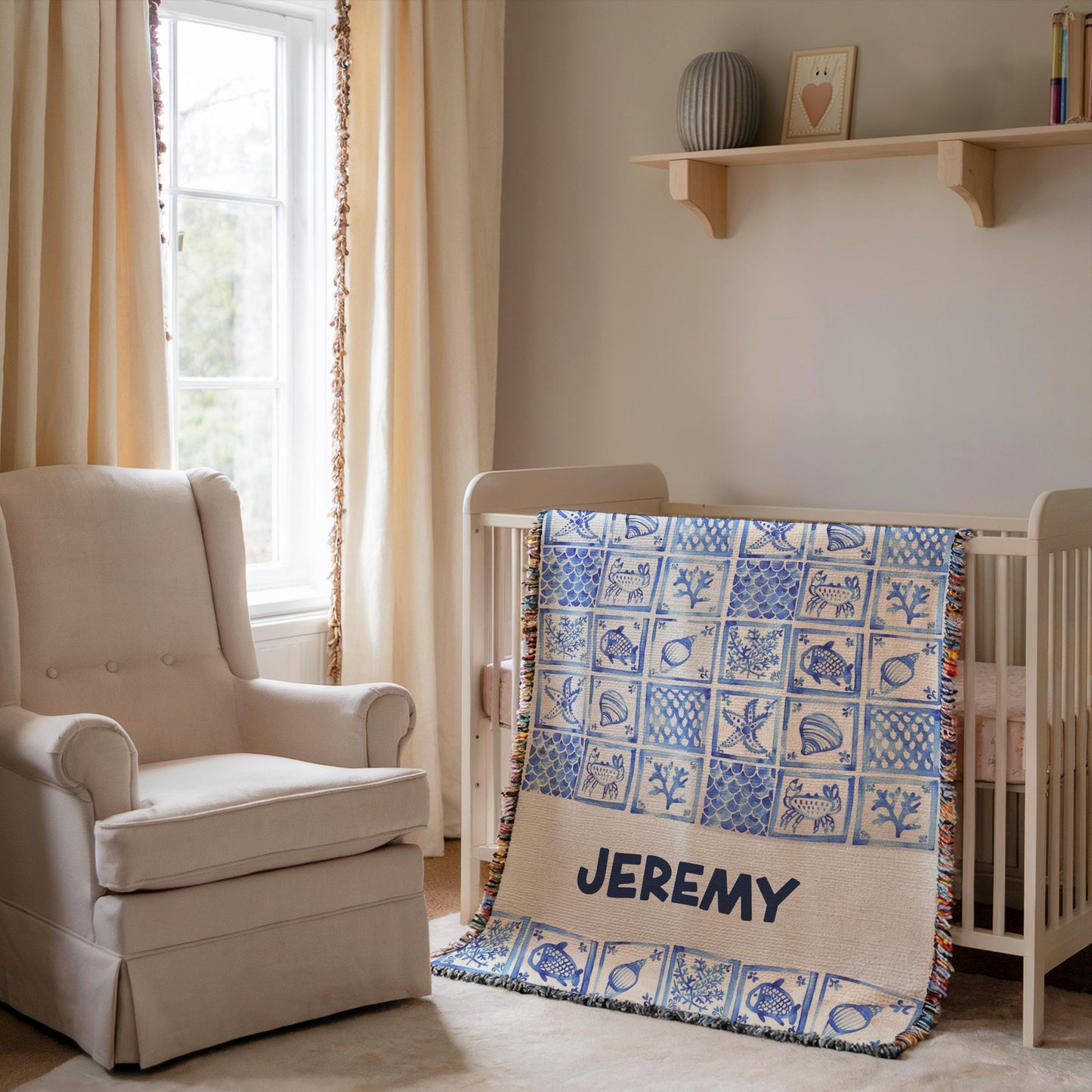 Woven Baby Blanket – Personalized Ocean Theme Patchwork Baby Shower Gift