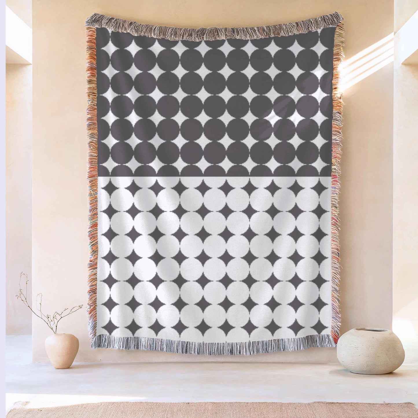 Black White Circle Blanket – Cozy Cotton Throw With Fringed Edge, Modern Geometric Design - timelessbohochic.com